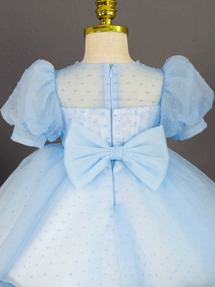 Royal Blue Princess Round Neck Tea-Length Tulle Flower Girl Dress for Weddings & Special Occasions