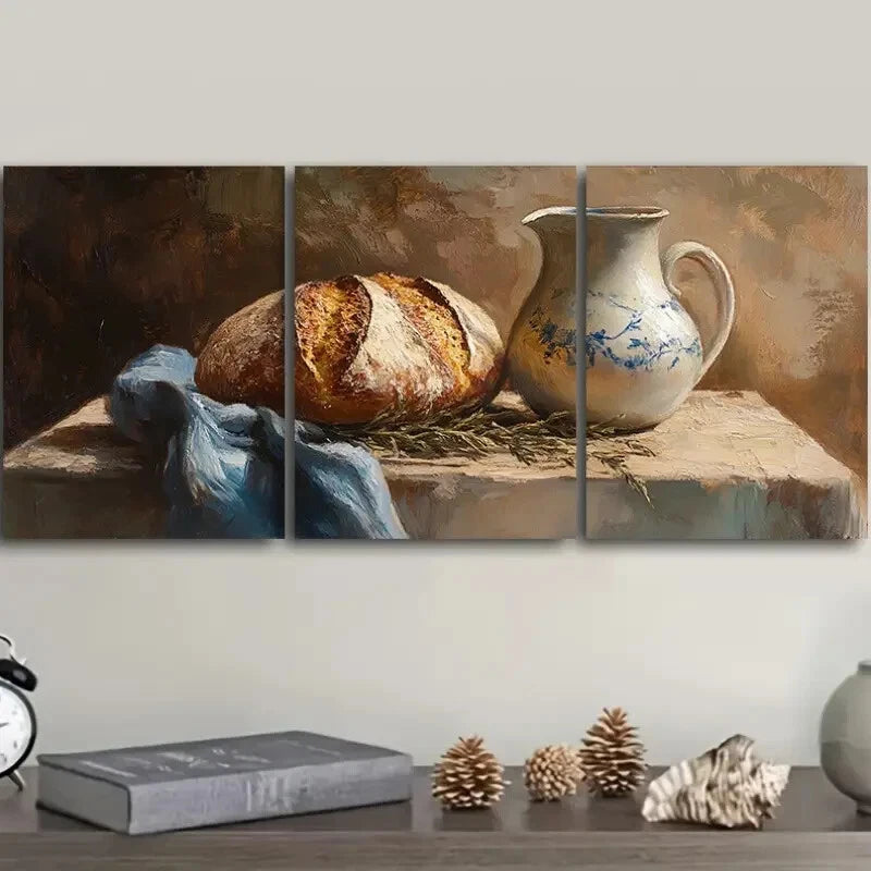 3-Piece Metal Print Wall Art - Still Life of Bread and Kettle - Ready to Hang - Perfect for Kitchen, Dining Room & Home Decor