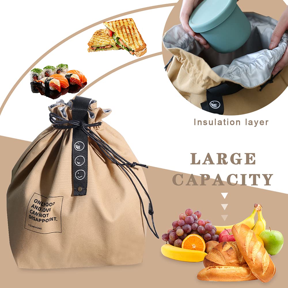Insulated Canvas Lunch Bag with Drawstring Closure - Foldable Lightweight Cooler Tote for Work, Office & Picnic - Yellow Lunch Box for Adults & Kids - Perfect for School, Travel & Outdoor Activities