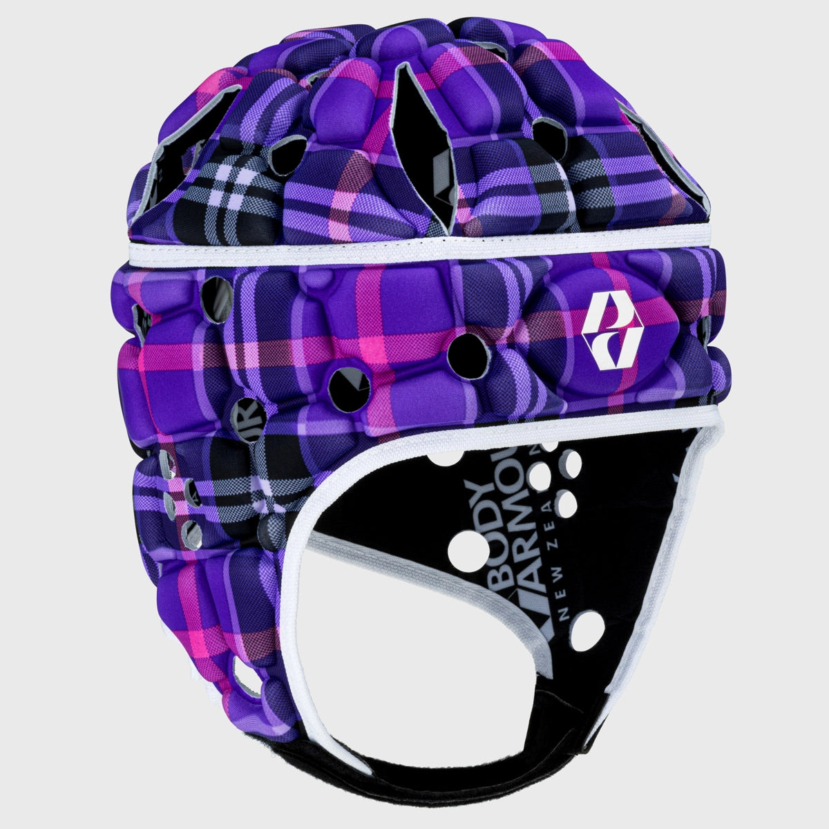 Kids Rugby Head Guard - Body Armour Ventilator Helmet in Purple Tartan for Youth Sports Safety | Perfect for Rugby, Football & Contact Sports Training