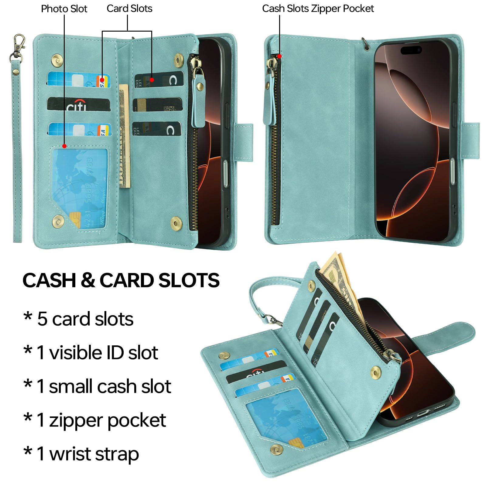 Premium PU Leather Wallet Case for iPhone 16 Pro Max - RFID Blocking Credit Card Holder with Zipper Pocket & Wrist Strap | Protective Cover for Daily Use, Travel & Business (Baby Blue)