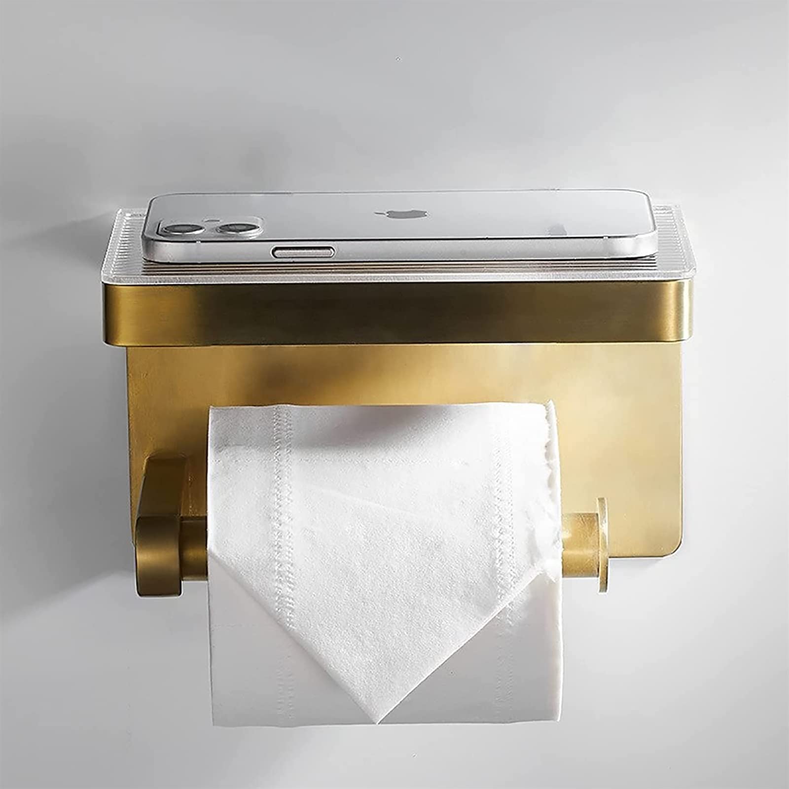 Stainless Steel & Acrylic Wall Mount Toilet Paper Holder with Shelf - Brushed Gold Bathroom Tissue Roll Holder & Towel Rack for Hotel, Kitchen & Home Use - Perfect for Bathroom Organization & Space Saving Storage