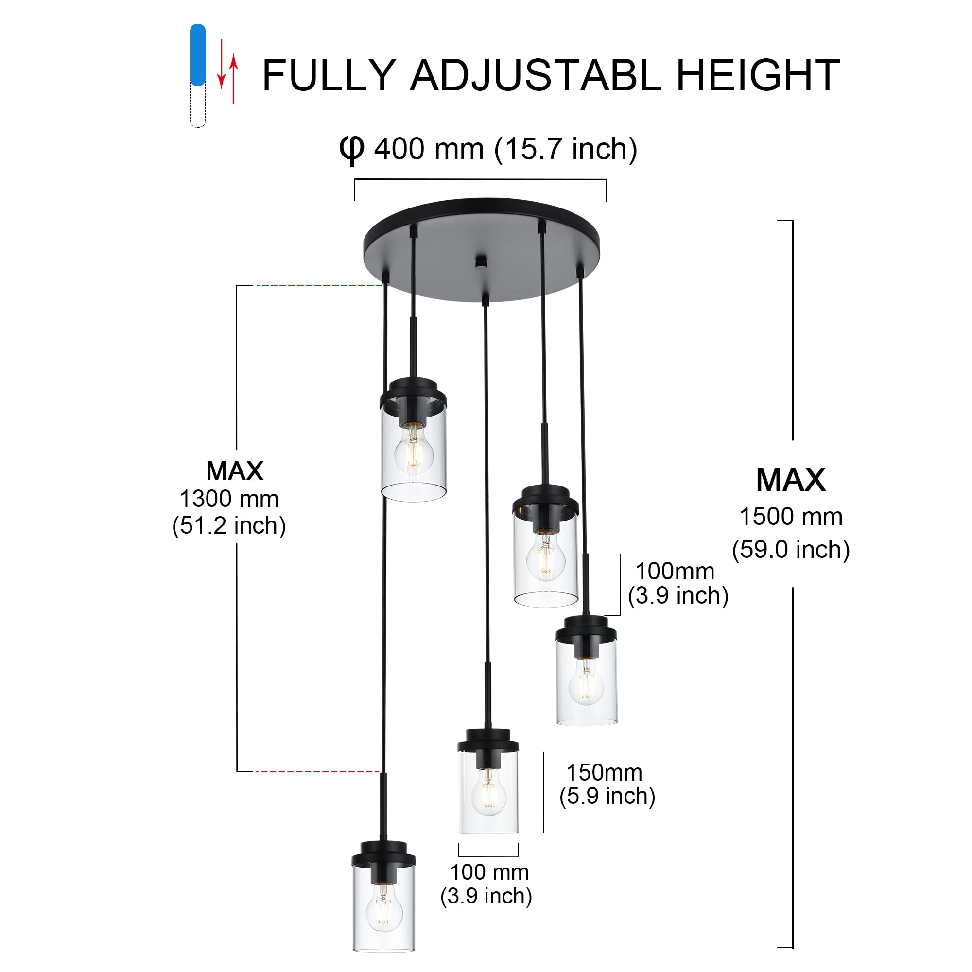 MELUCEE 5-Light Modern Black Pendant Light Fixture with Clear Glass Shade - Cluster Chandelier for Kitchen Island, Dining Room, Living Room Ceiling Lighting | Perfect for Farmhouse, Industrial & Contemporary Home Decor