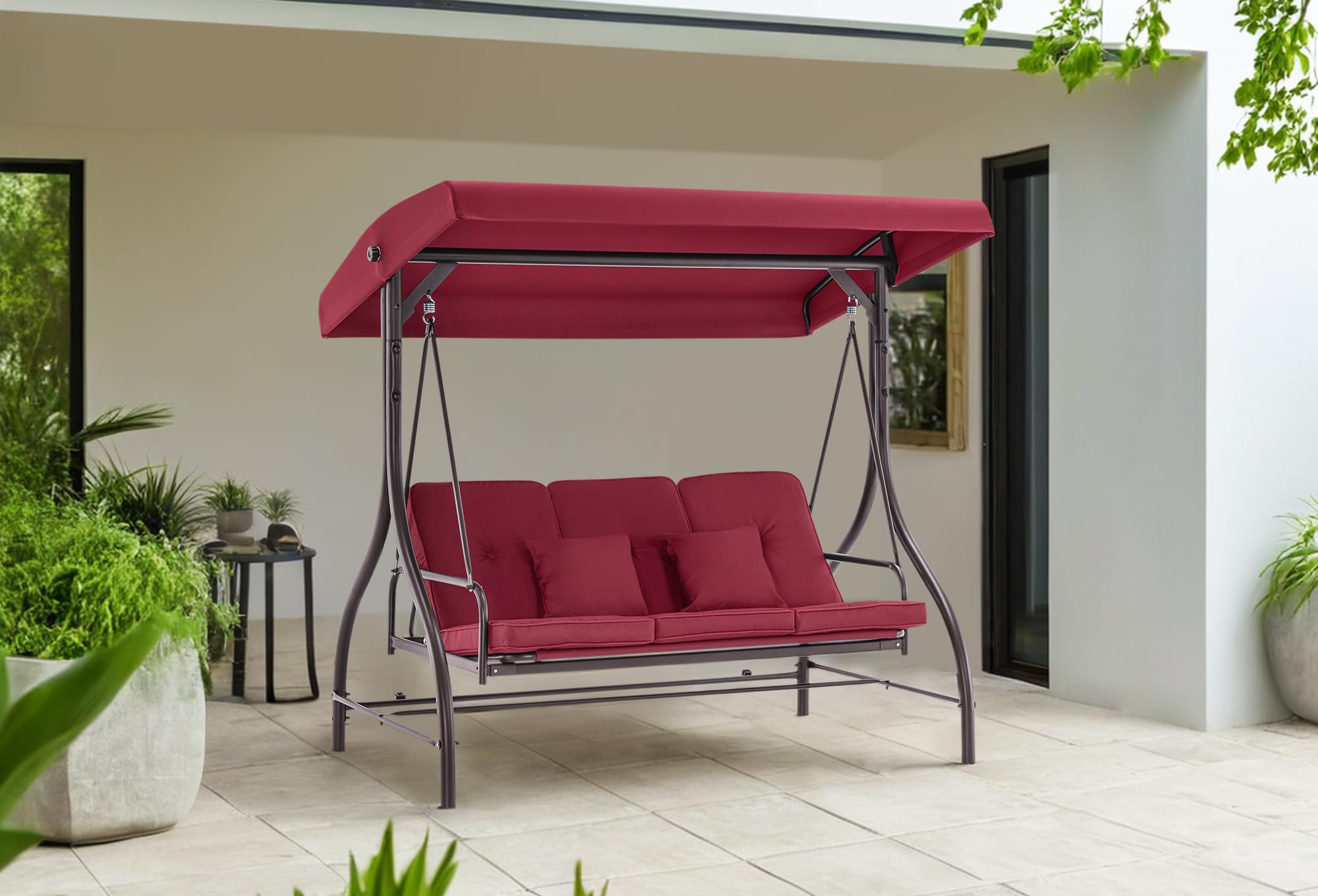 MCombo 3-Seat Outdoor Patio Swing Chair with Adjustable Backrest & Canopy - Porch Swing Glider with Cushions & Pillows - 4068 (Burgundy) - Perfect for Garden, Backyard, Deck or Balcony Relaxation