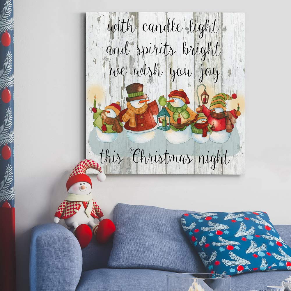 Renditions Gallery Candle Light Snowmen Wall Art - Cute Christmas & Winter Canvas Painting with Festive Faux Wood Background - Premium Gallery Wrapped Ready-to-Hang Decor (40x40 Inches) - Made in USA - Perfect for Living Room, Bedroom & Holiday Home Decor