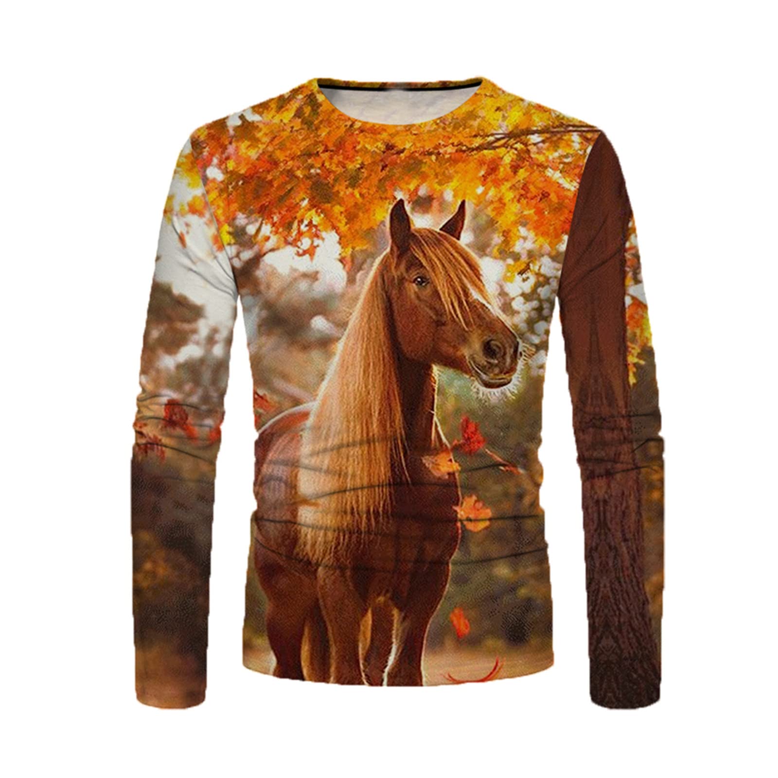 Men's Graphic Printed Long Sleeve Crew Neck T-Shirt - Freedom Horse & Elf Design Slim Fit Casual Top for Everyday Wear, Street Style & Outdoor Activities