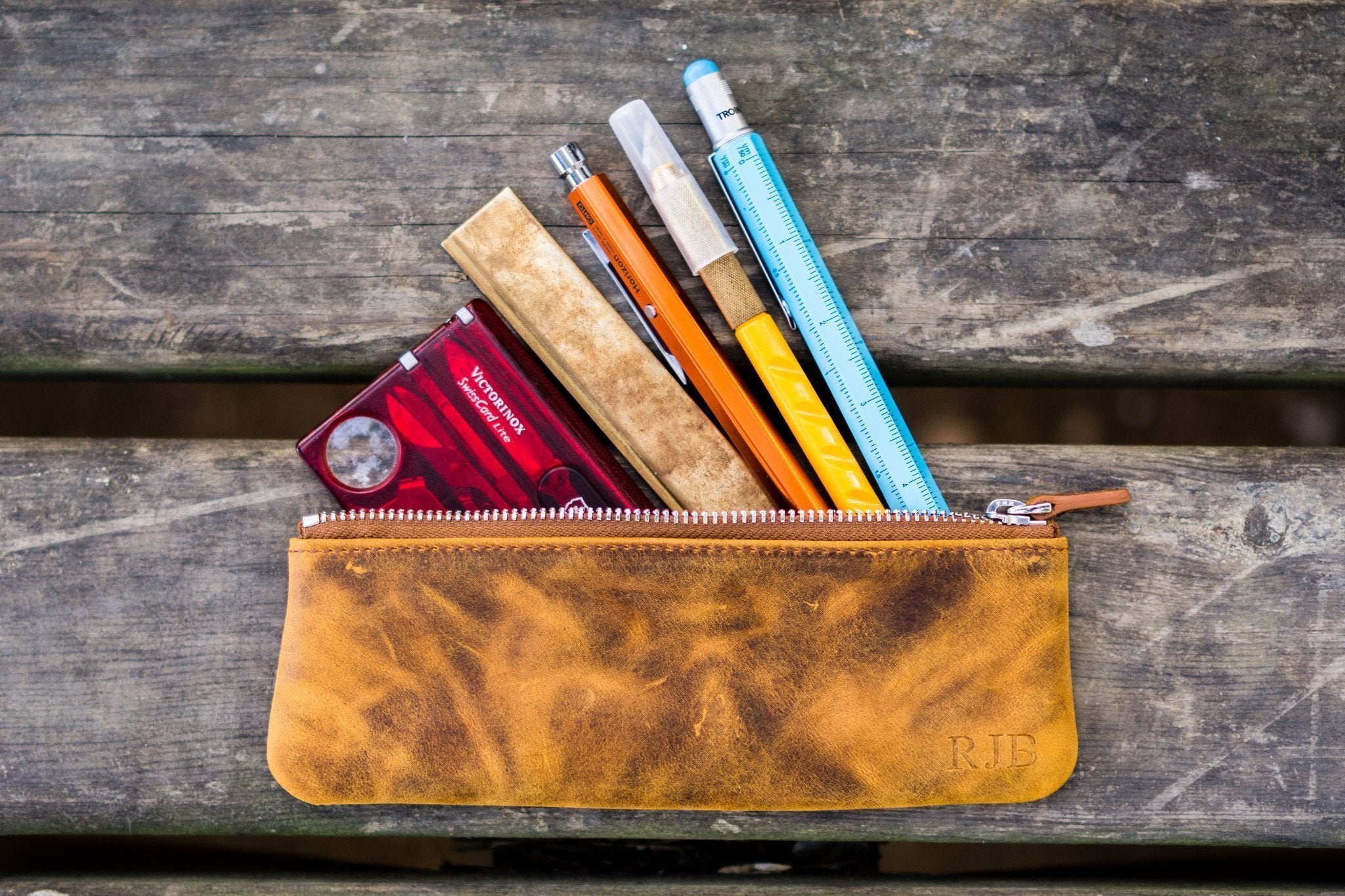 Genuine Crazy Horse Leather Small Zippered Pencil Pouch & Cosmetic Case - Perfect for School, Office & Travel Organization
