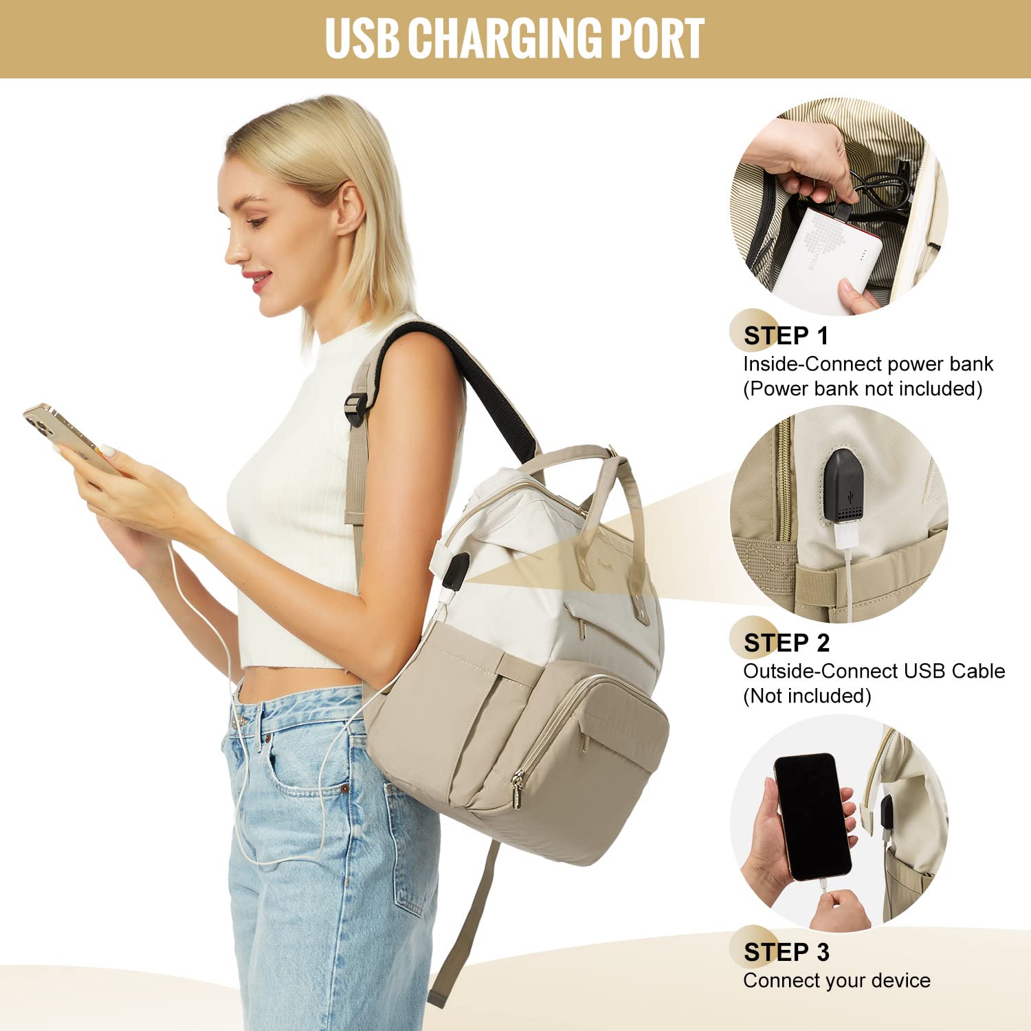 LOVEVOOK Women's Laptop Backpack - Stylish 15.6 Inch Computer Bag for Work, Travel & School | Water-Resistant Business Backpack for Professionals, Nurses & Students | Perfect for Commuting, Office & College (Beige-Khaki)