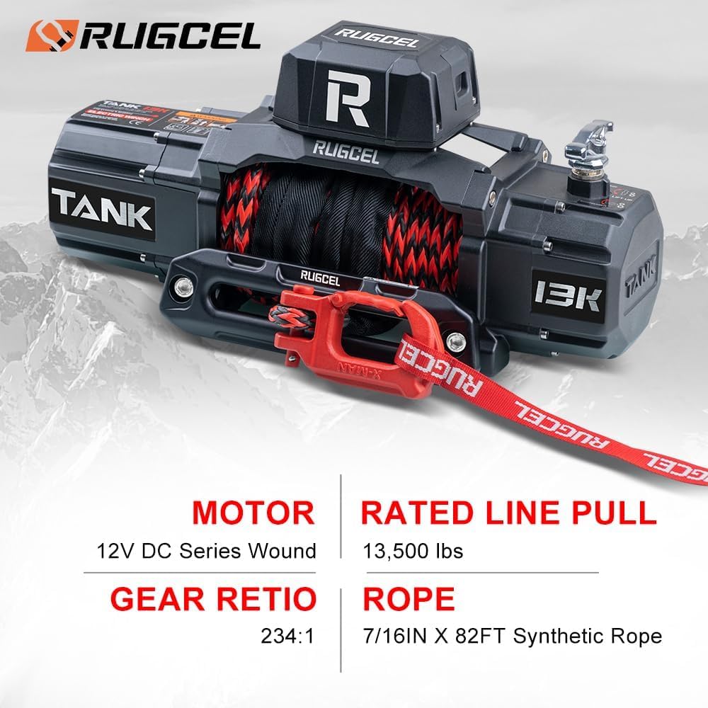 RUGCEL 13500lb Waterproof 12V Electric Winch with Synthetic Rope - Wireless & Wired Remote Control, Hawse Fairlead, Dual Color Rope for Trucks & SUVs - Off-Road Recovery, Towing, and Heavy-Duty Pulling