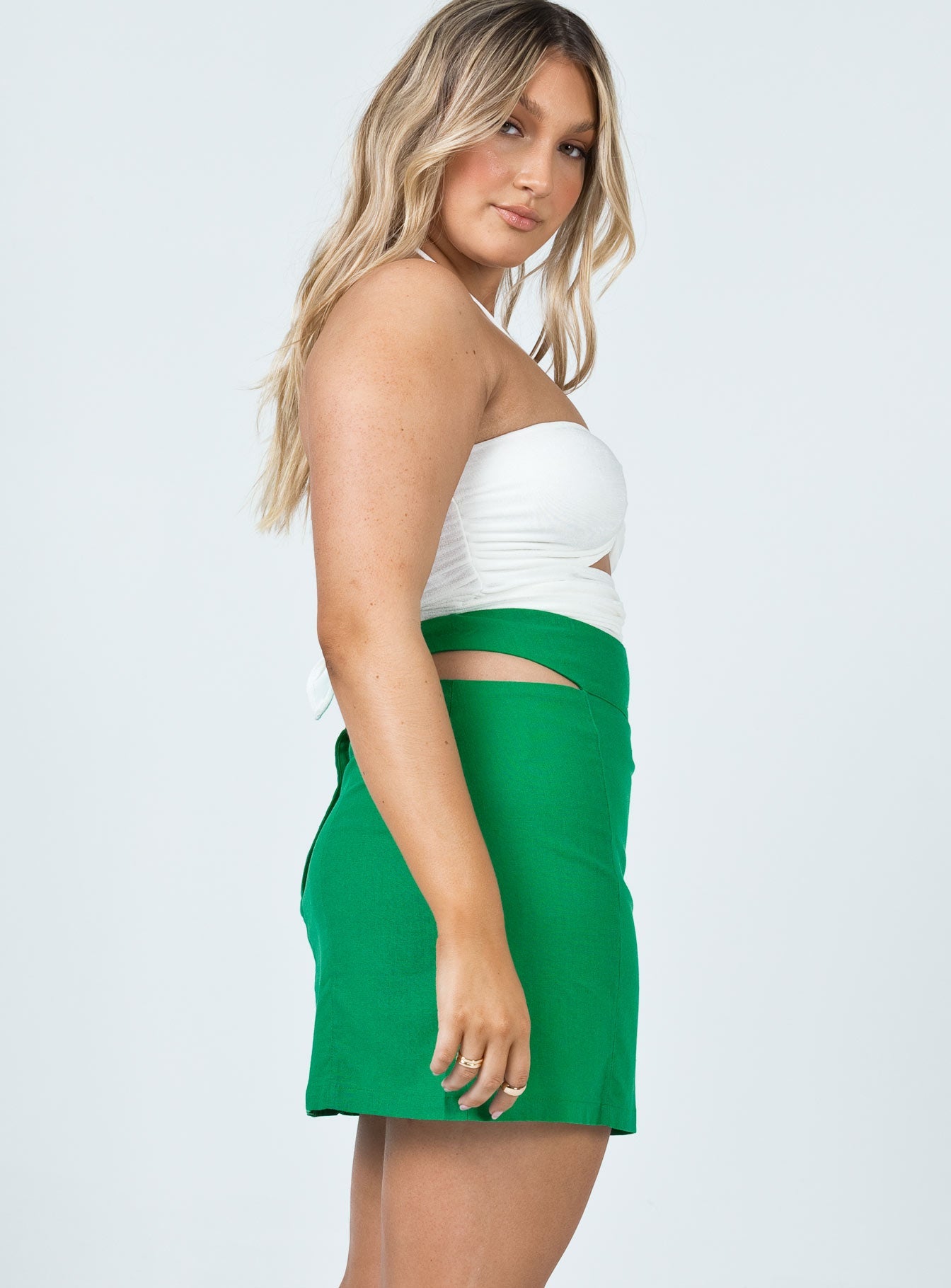 Amara Cut Out Mini Skirt for Women - Sexy High Waisted Green Denim Skirt | Perfect for Night Out, Party & Date Night