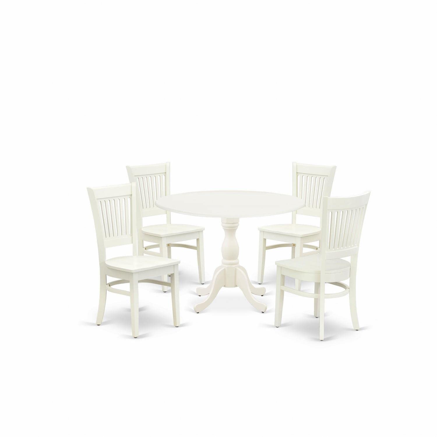 East West Furniture DMVA5-LWH-W 5-Piece Modern Dining Room Set - Round Extendable Wood Table with Drop Leaf & 4 Upholstered Chairs, 42x42 Inches, Linen White - Perfect for Small Spaces, Breakfast Nooks & Cozy Family Meals