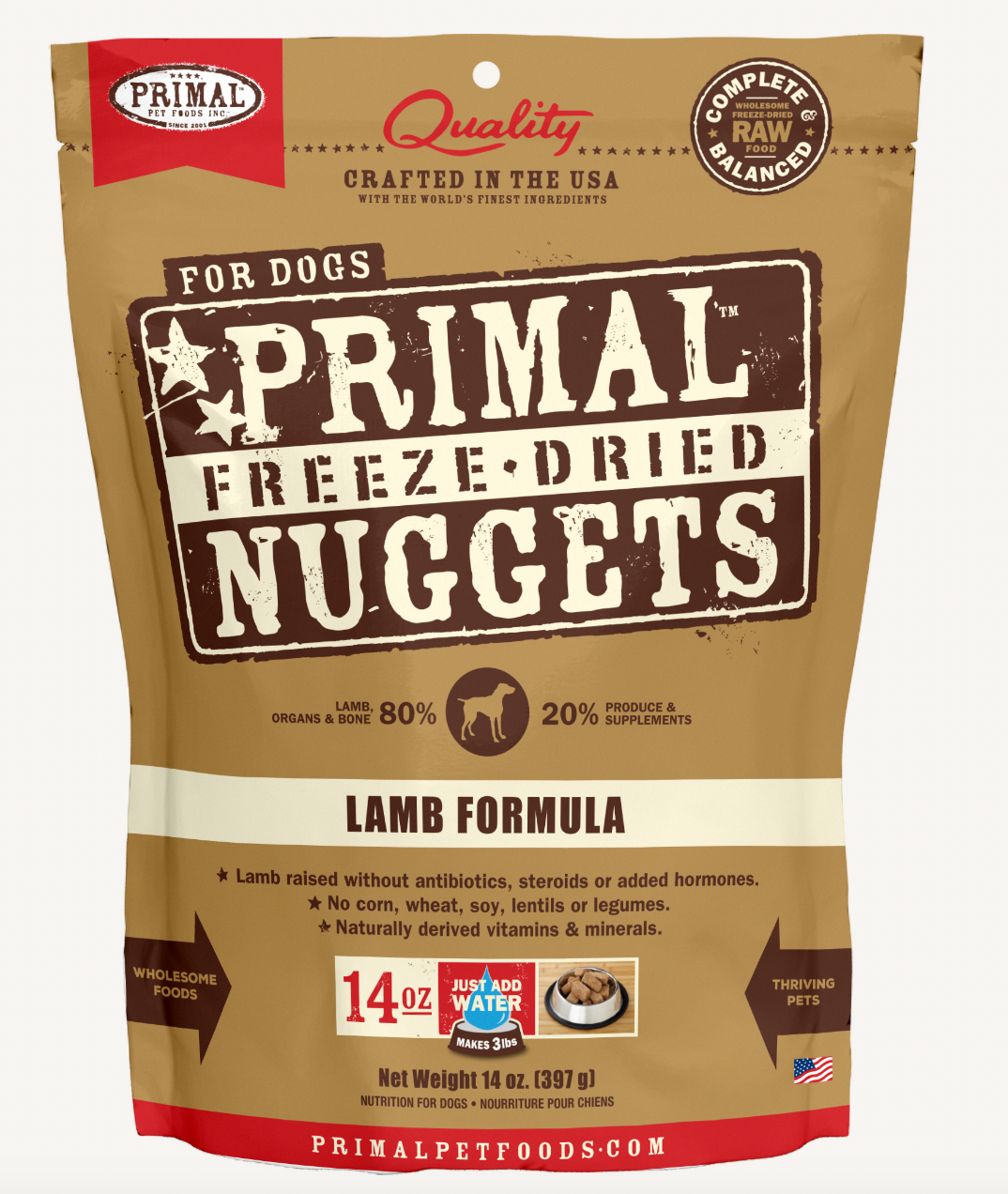 Primal Freeze Dried Lamb Nuggets Grain-Free Dog Food - High Protein, All Natural Raw Diet for Small & Large Dogs - Perfect for Training Treats, Travel Snacks & Meal Toppers