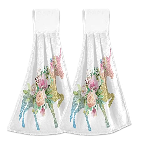 Colorful Floral Unicorn Kitchen Towels - 2PCS Soft Absorbent Dish Cloths with Hanging Loop | Hand Towel for Bathroom, Oven Handle & Stove | Cute Home Decor for Kitchen, Dining Table & Gift Giving