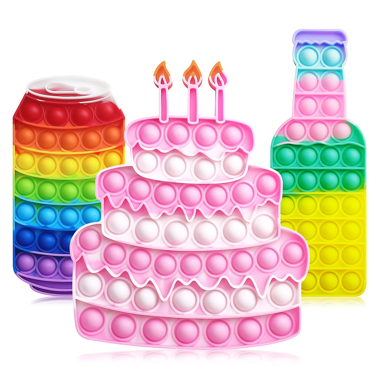 Sensory Bubble Fidget Toys Set - 3 Pack (Coke Cans, Beer Bottles, Cake) for Stress Relief & Anti-Anxiety - Squeeze Decompression Toys for Kids & Adults - Perfect for ADHD, Autism, Office & Classroom Focus