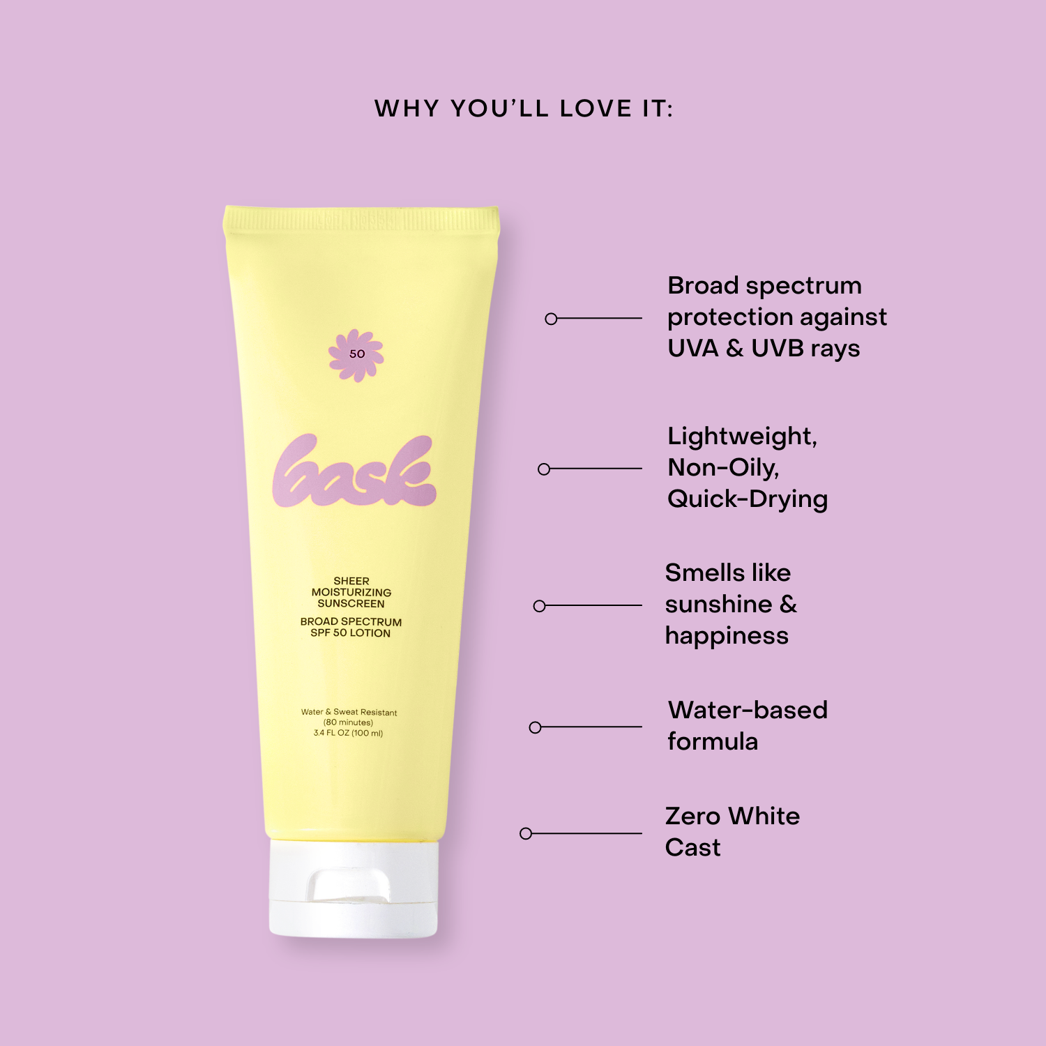 Bask SPF 50 Sunscreen Lotion - Broad Spectrum UVA/UVB Protection, Water Resistant, Lightweight & Non-Greasy Formula for Face & Body - Perfect for Beach, Swimming & Outdoor Activities