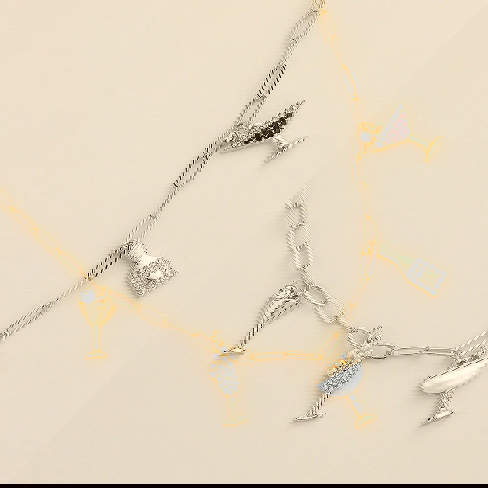 Elegant Gold-Plated Cocktail Glass Bottle Charm Paperclip Chain Necklace - Perfect for Parties, Bridal Showers & Evening Events