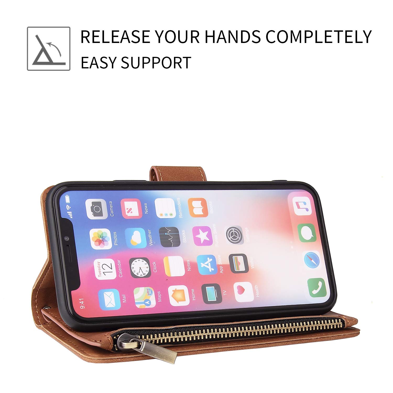 UEEBAI PU Leather Wallet Case for iPhone XR - Magnetic Closure, Zipper Pocket, Kickstand & Card Slots with Hand Strap | Women's Flip Phone Purse in Brown | Perfect for Shopping, Travel & Everyday Use