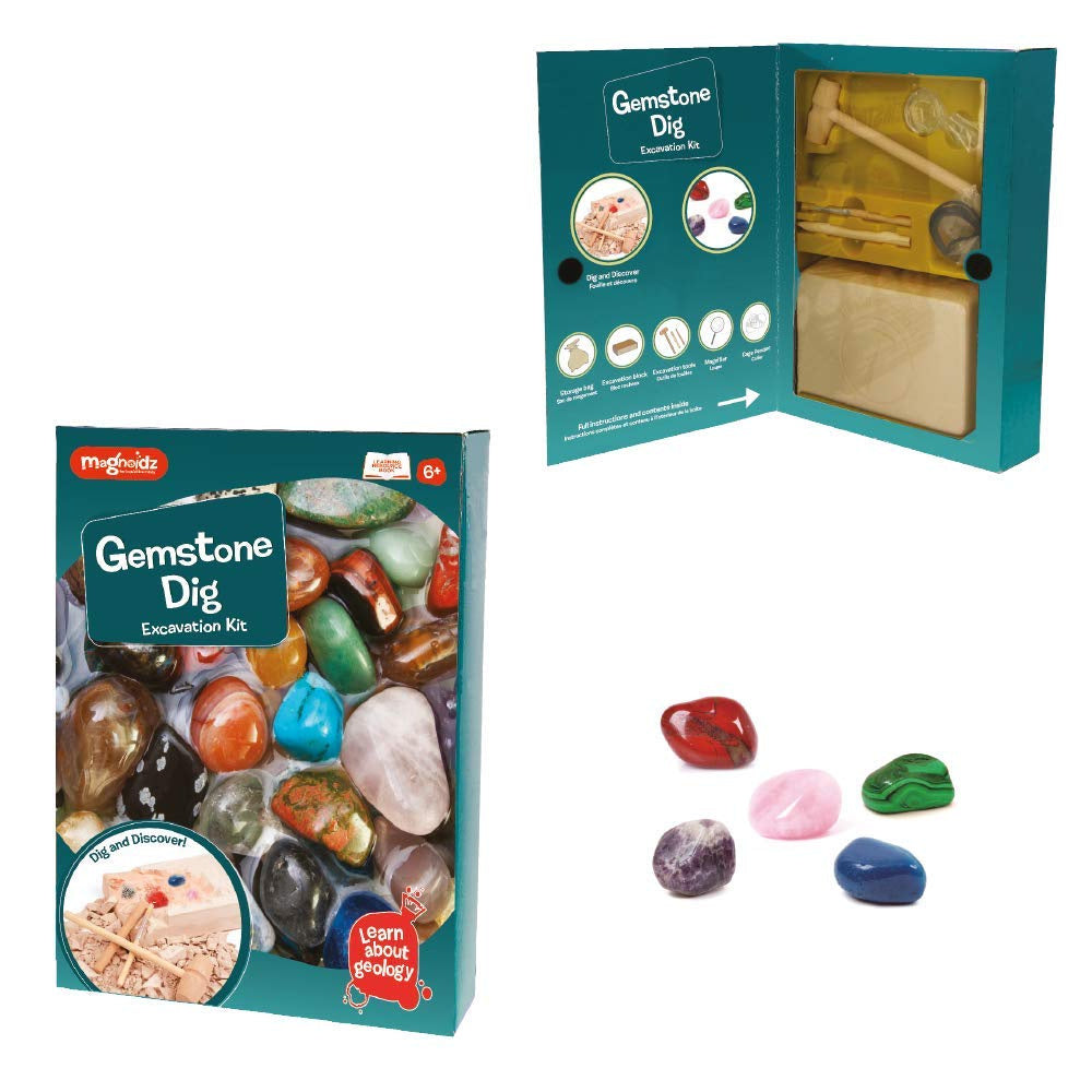 Magnoidz Gemstone Dig Kit - Excavate 12 Real Gemstones & Crystals - STEM Educational Science Toy for Kids - Perfect for Birthday Gifts & Classroom Geology Activities