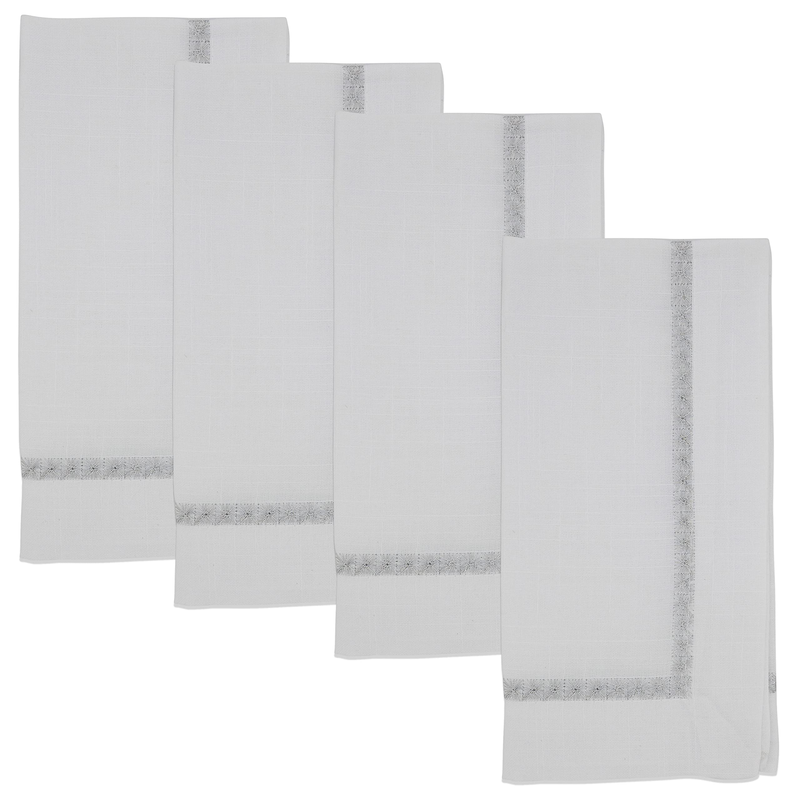 Embroidered Border Cocktail Napkins - Set of 4 Elegant Linen Drink Napkins for Parties, Weddings & Home Decor - Perfect for Cocktail Hours, Bridal Showers & Dinner Parties