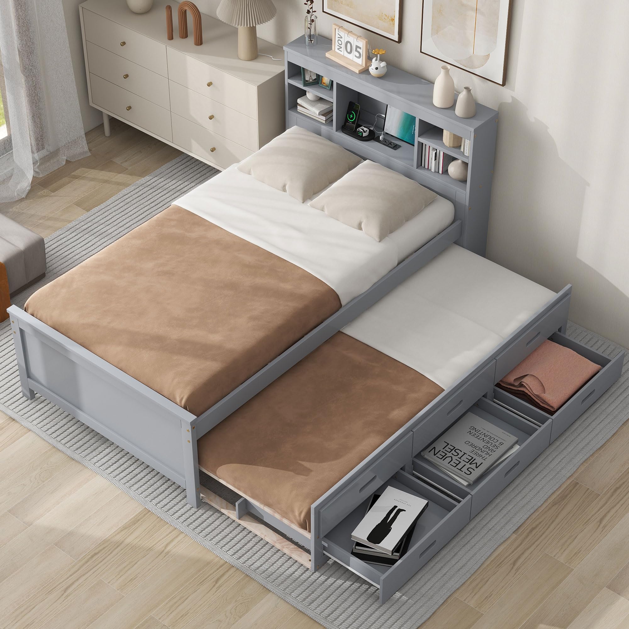 Harper & Bright Designs Twin Bed with Trundle and Storage Drawers, Wooden Twin Bed Frame with Bookcase Headboard & USB Ports - Space-Saving Solution for Kids, Teens & Adults (Gray) | Perfect for Small Bedrooms, Guest Rooms & Dormitories