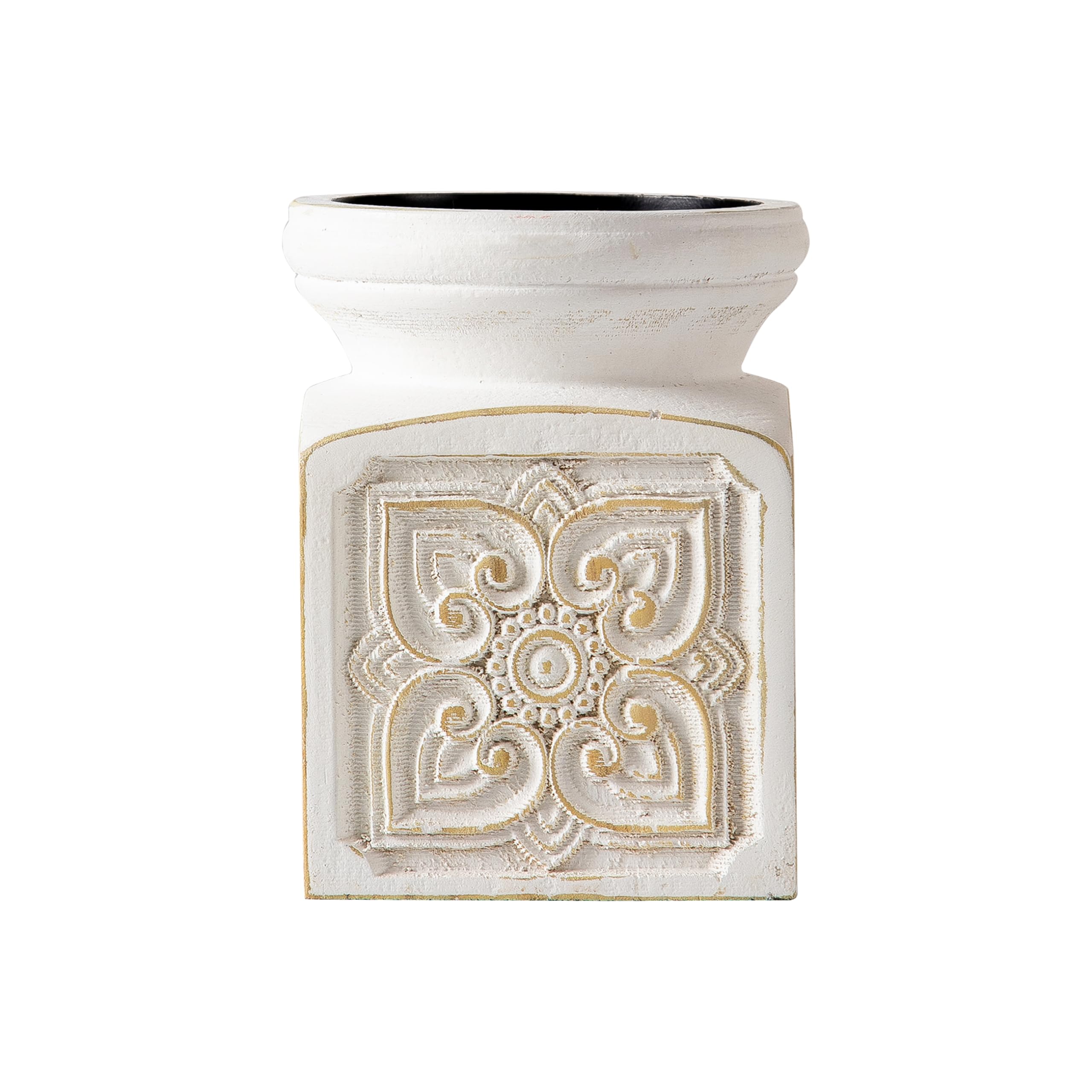 SOFE Antique White Wooden Candle Holder - Large Rustic Pillar Candle Stand with Floral Patterns, Handmade Table Centerpiece for Living Room, Wedding, Dining Room Decor - Perfect for Romantic Dinners, Holiday Decorations and Cozy Home Aesthetics