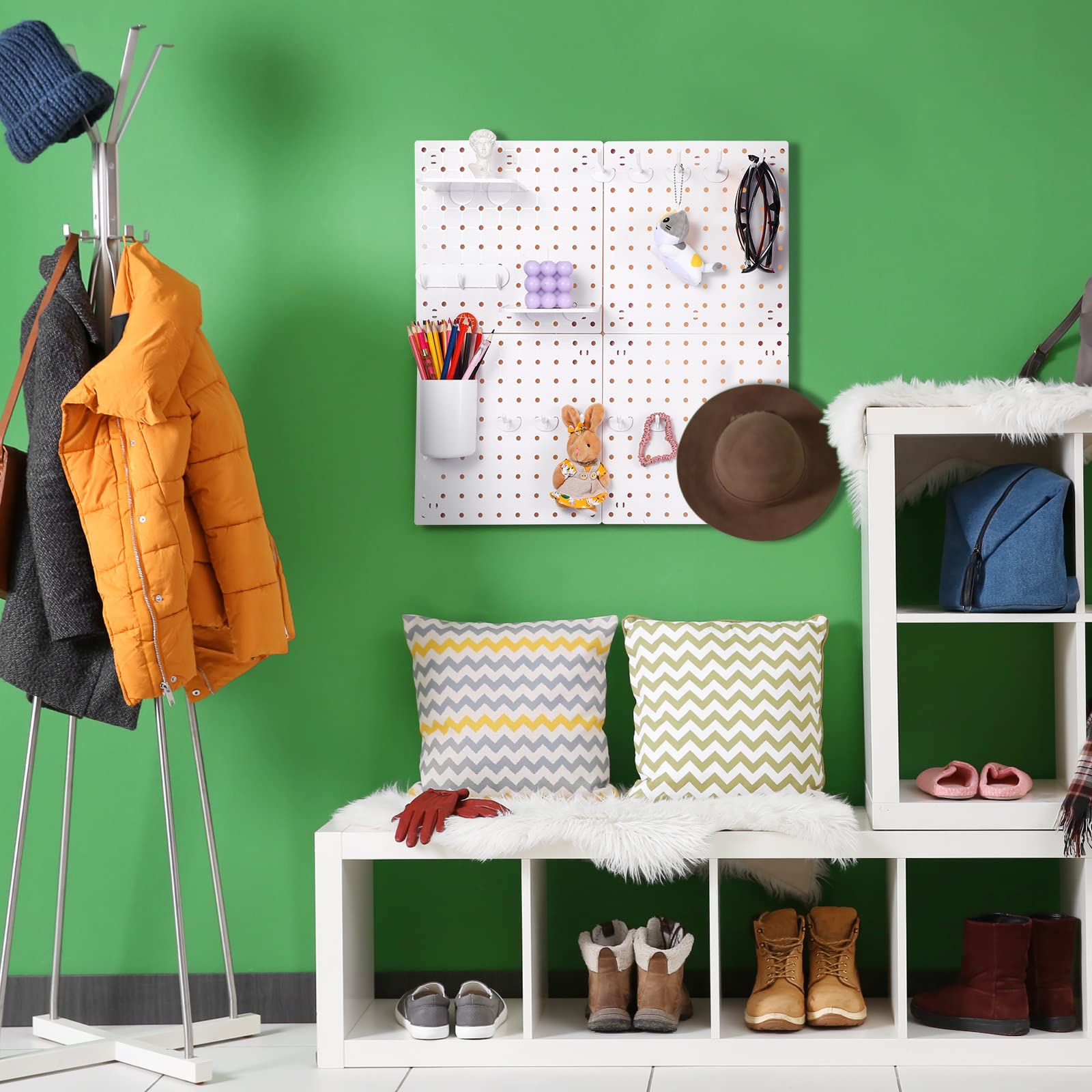 Chunful 58-Piece Pegboard Organizer Kit - Plastic Wall Mount Panel with Storage Boards, Buckets & Hooks - Perfect for Craft Room, Garage, Kitchen & Office Organization (White)