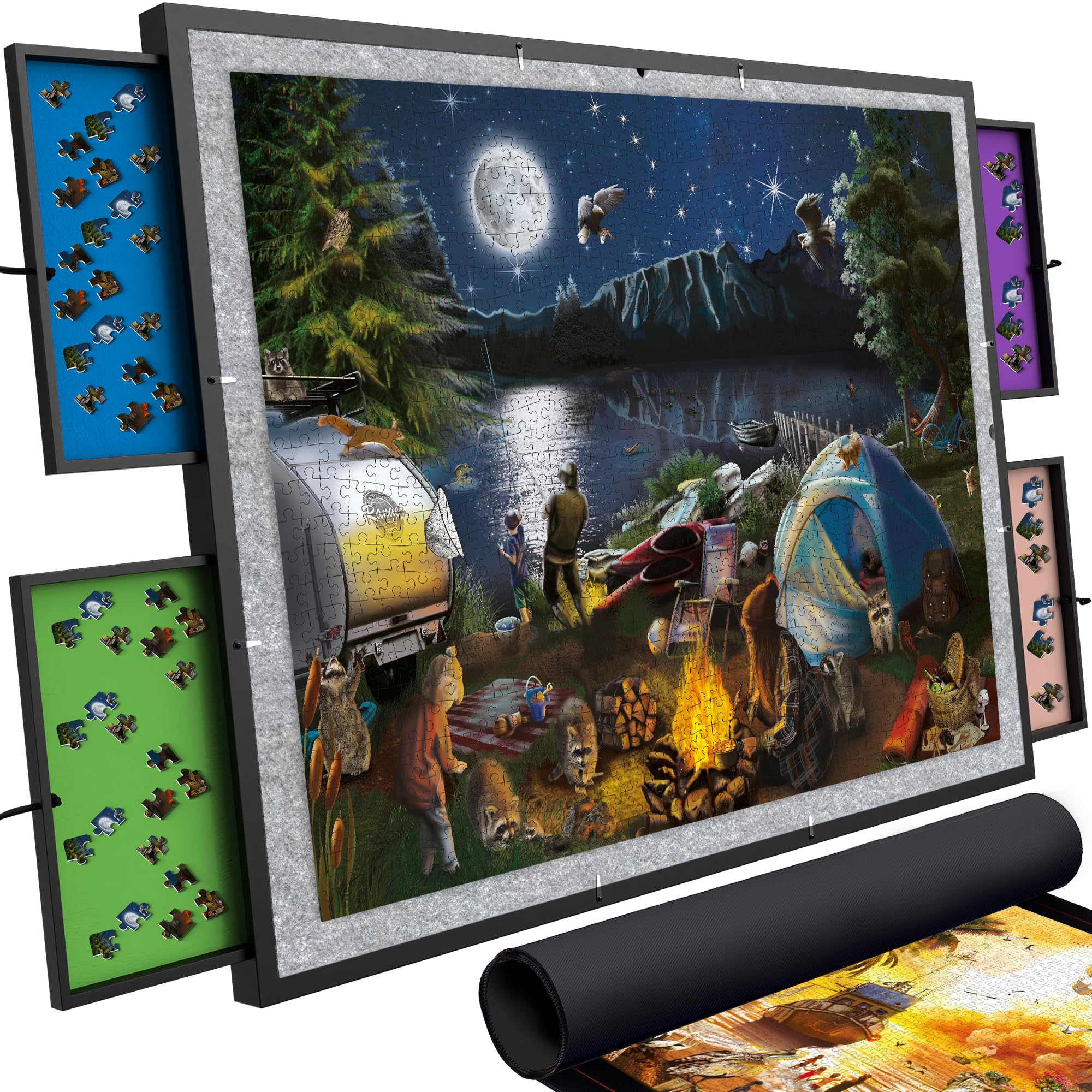 Premium QUOKKA Puzzle Board with 4 Magnetic Drawers - Spinning Jigsaw Puzzle Table with Cover for Adults 1000-1500 Pieces - Non-Slip Felt Surface for Easy Assembly - Perfect for Family Game Nights & Relaxing Weekends