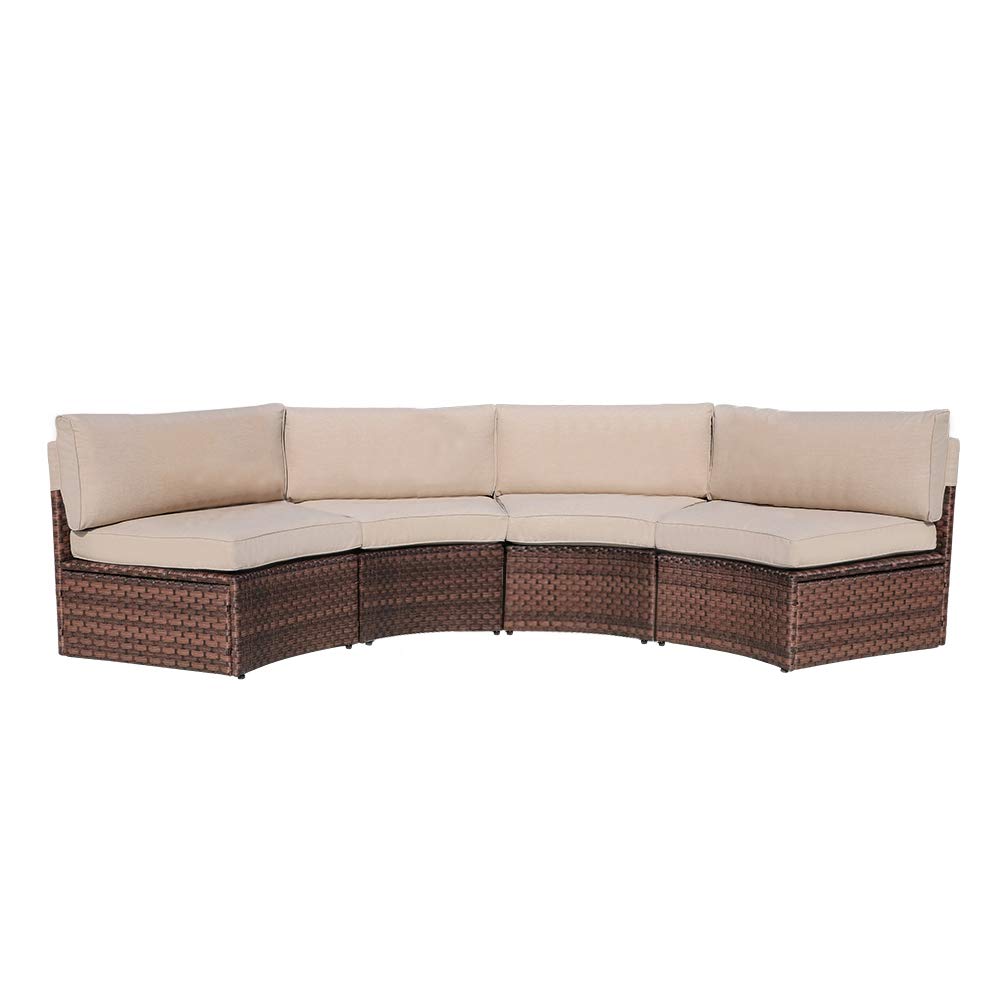 SUNSITT 4-Piece Outdoor Half-Moon Sectional Wicker Sofa Set - Brown PE Rattan with Beige Cushions - Patio Furniture for Garden, Backyard, Poolside & Balcony Relaxation