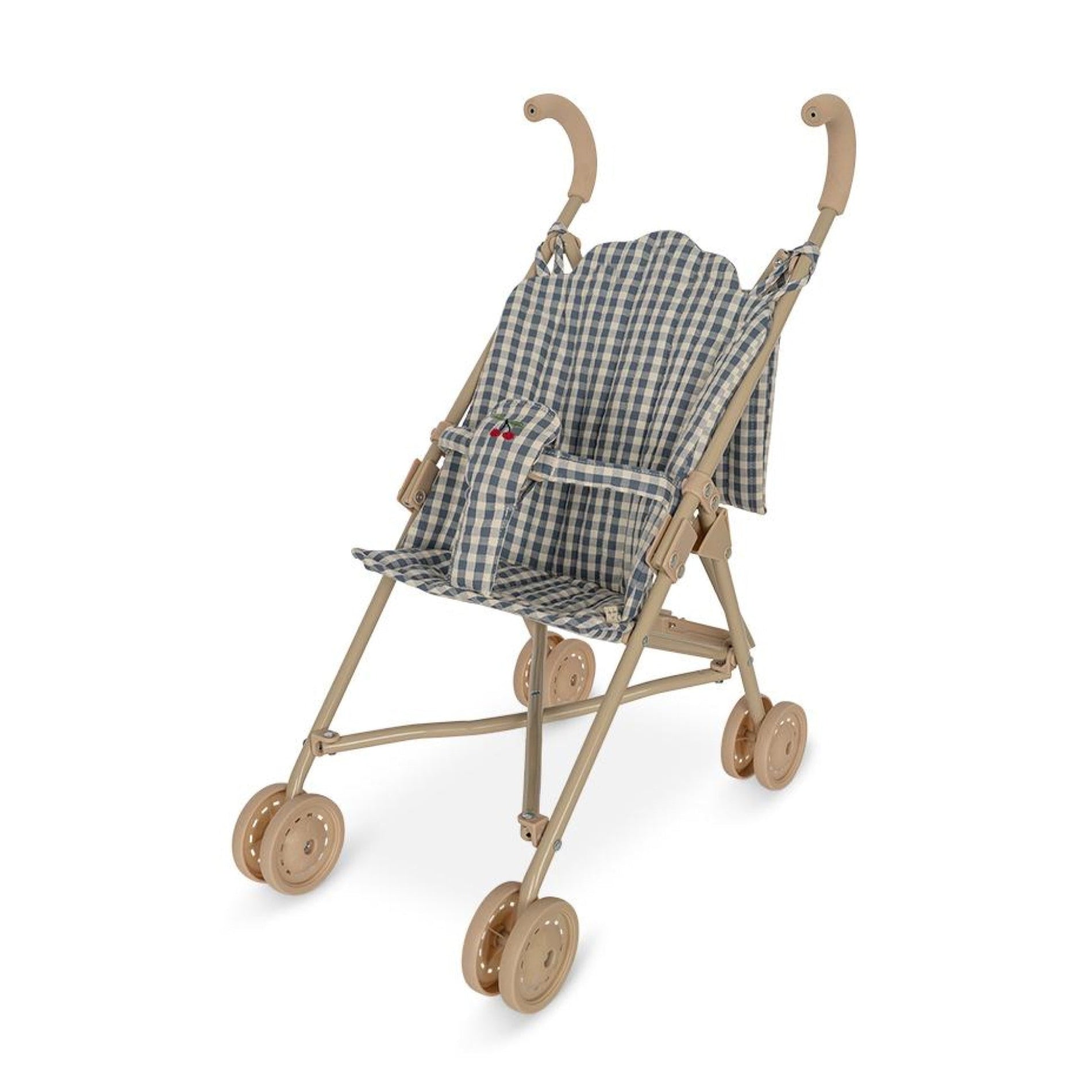 KONGES SLØJD Cheeky Blue Check Doll Stroller - Premium Wooden Toy Pram for Toddlers & Kids | Perfect for Pretend Play, Indoor & Outdoor Use, Birthday Gifts