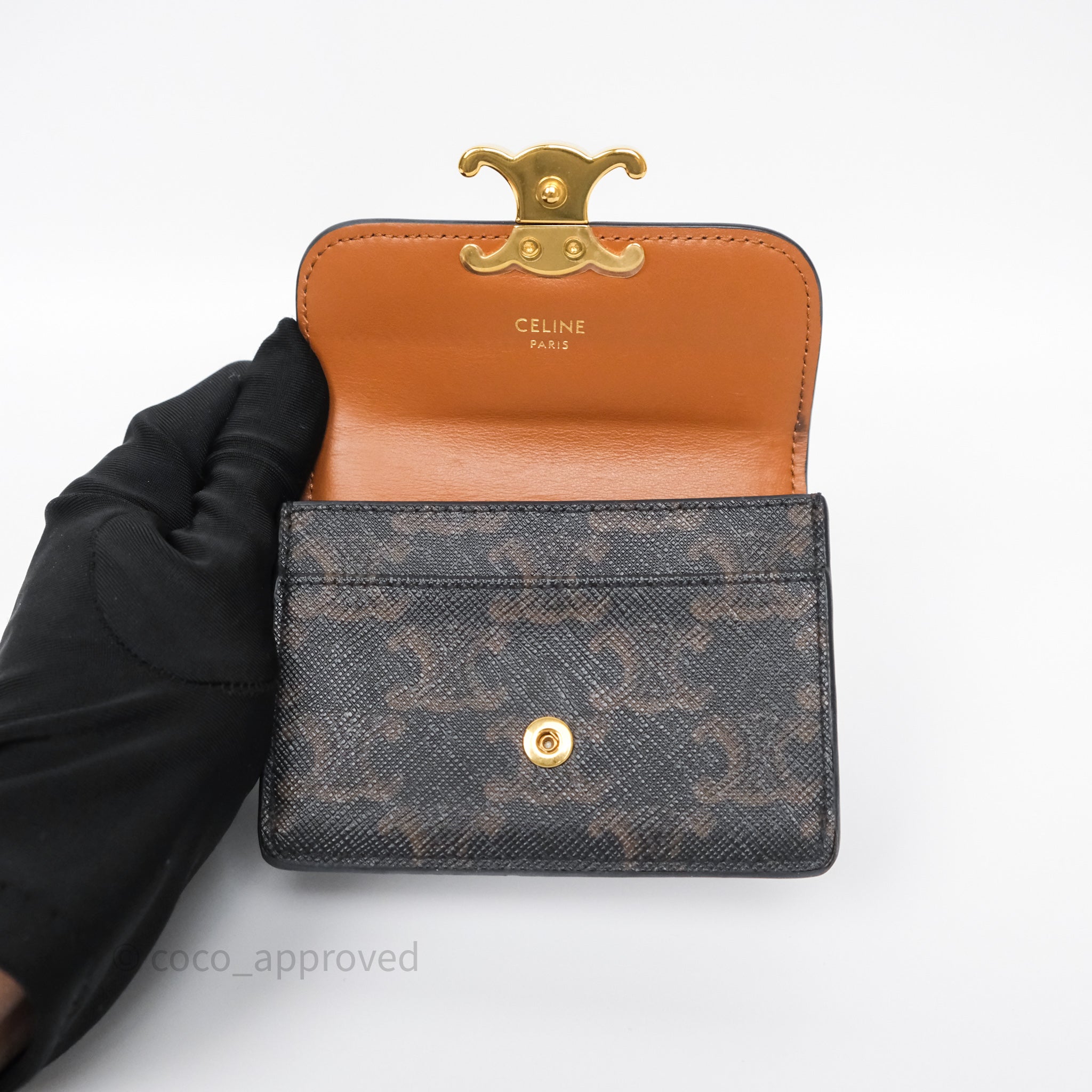 Celine Triomphe Canvas Card Holder with Flap - Tan Leather Wallet for Women | Perfect for Everyday Use & Travel Essentials