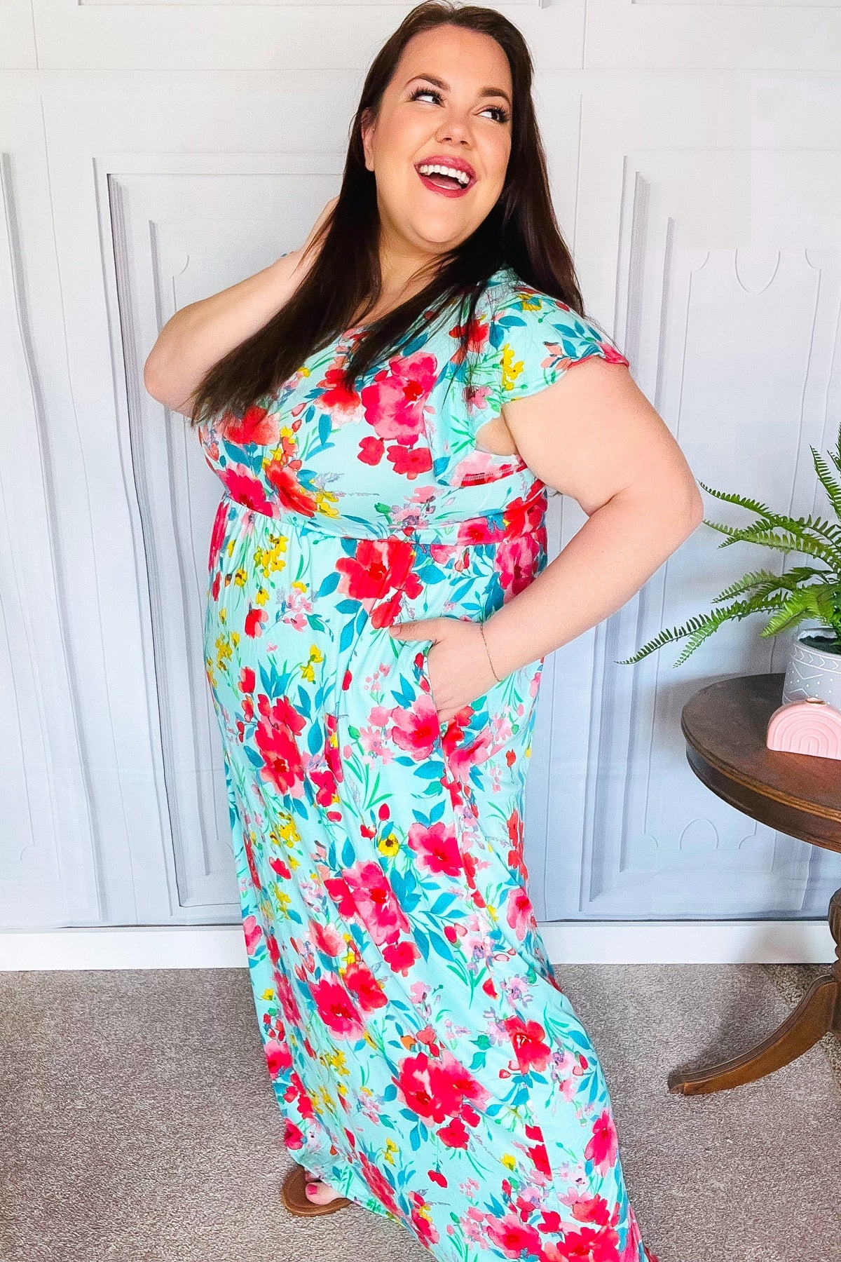 Aqua Floral Fit & Flare Maxi Dress for Women - Summer Beach Wedding Party Dress - Flowy Long Dress with V-Neck & Ruffle Hem