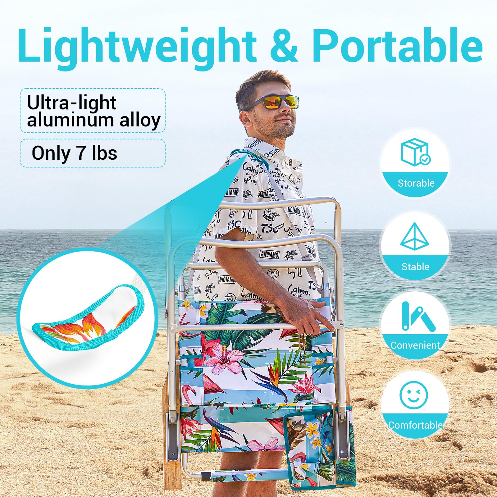 WEJOY High Back Aluminum Beach Chair - 2 Pack Adjustable Folding Camping Chairs with Wooden Armrest, Cup Holder & Storage Bag for Outdoor, Fishing, Sunbathing (Cyan Pink) - Perfect for Beach, Poolside, Backyard & Picnics