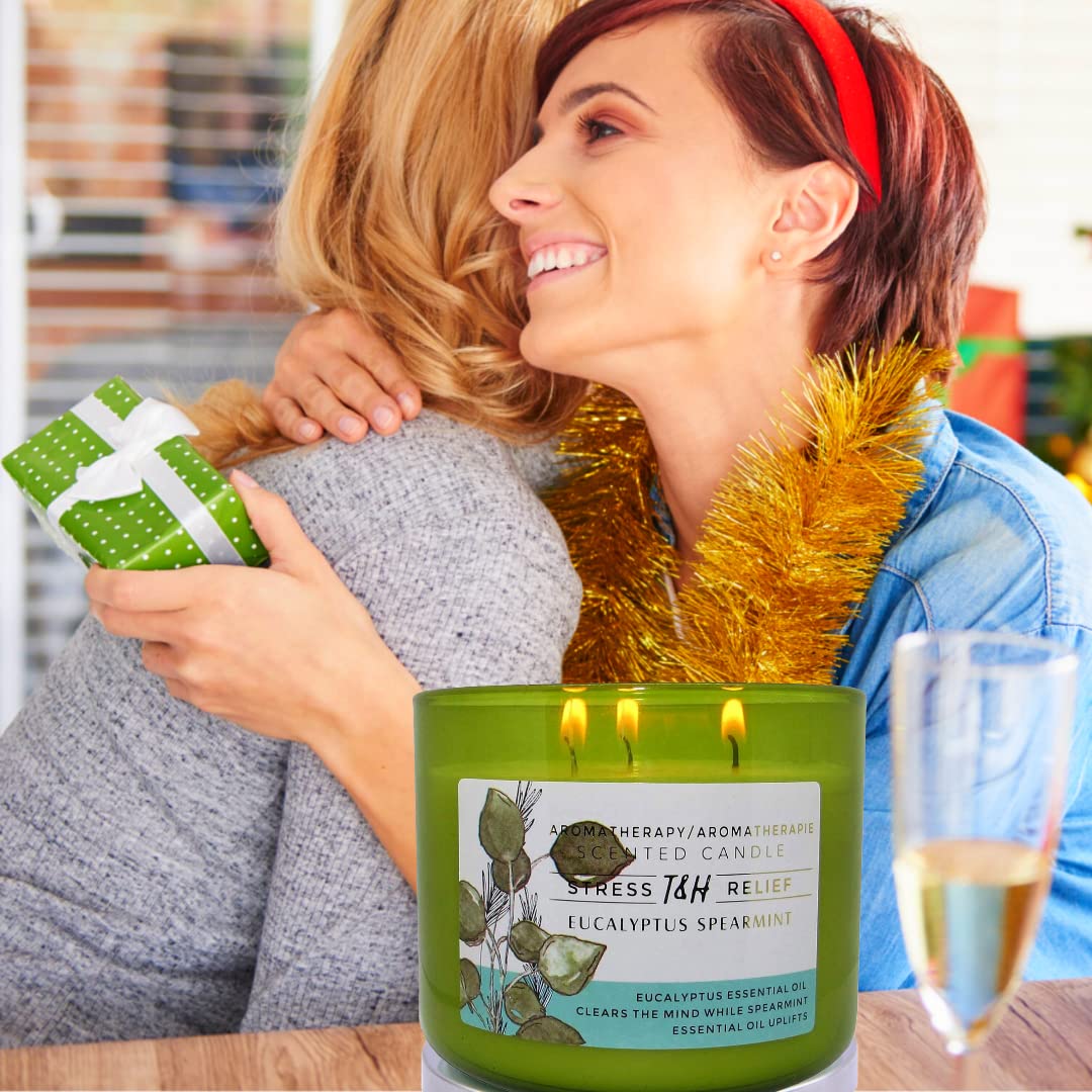 Eucalyptus Spearmint Aromatherapy 3-Wick Soy Candle - 15.8 oz Large Scented Candle for Home, Spa & Office - Long-Lasting Relaxation Gift for Men & Women - Perfect for Stress Relief, Meditation & Romantic Ambiance