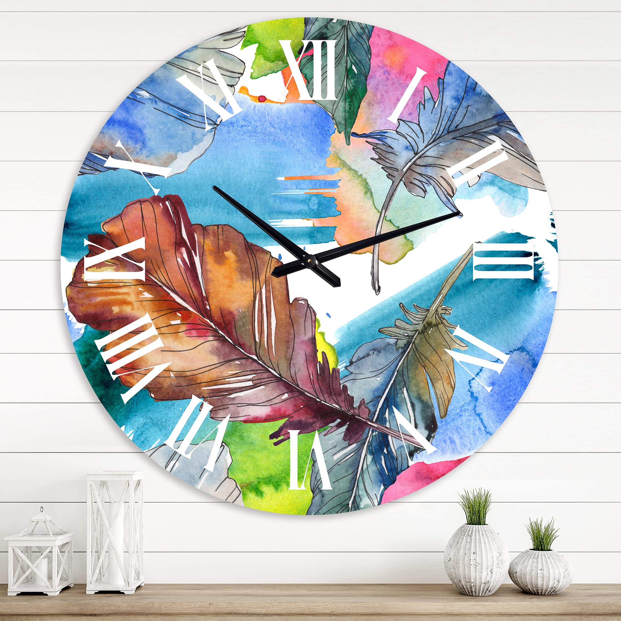DesignQ Traditional Large Wall Clock - Blue & Pink Bird Feather Animal Theme for Living Room, Bedroom, Office Decor | Silent Non-Ticking Modern Home Wall Art
