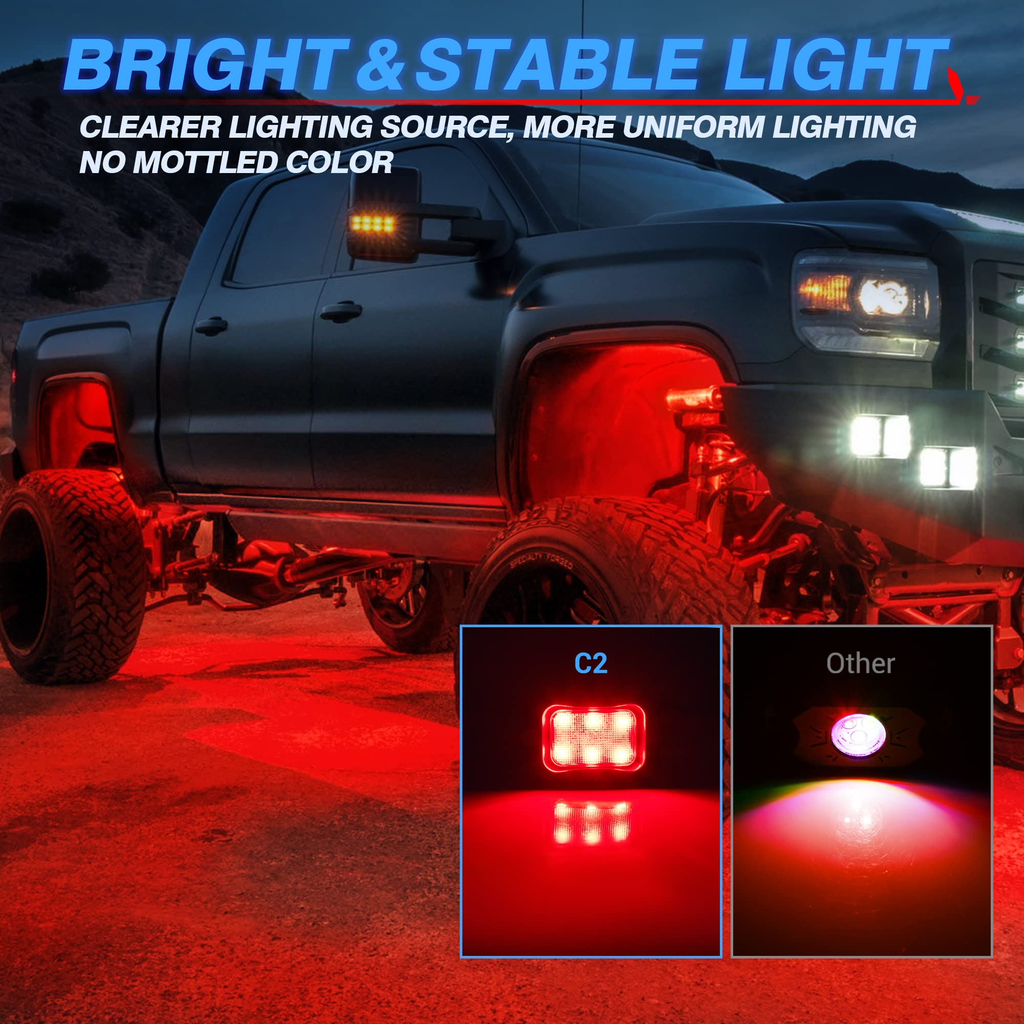 MICTUNING C2 Curved Red LED Rock Lights - 4 Pods Underglow Kit for Cars, Trucks, Offroad Vehicles, ATV, UTV, Boats | Waterproof Off-Road Lighting for Night Driving, Car Shows & Underbody Decoration