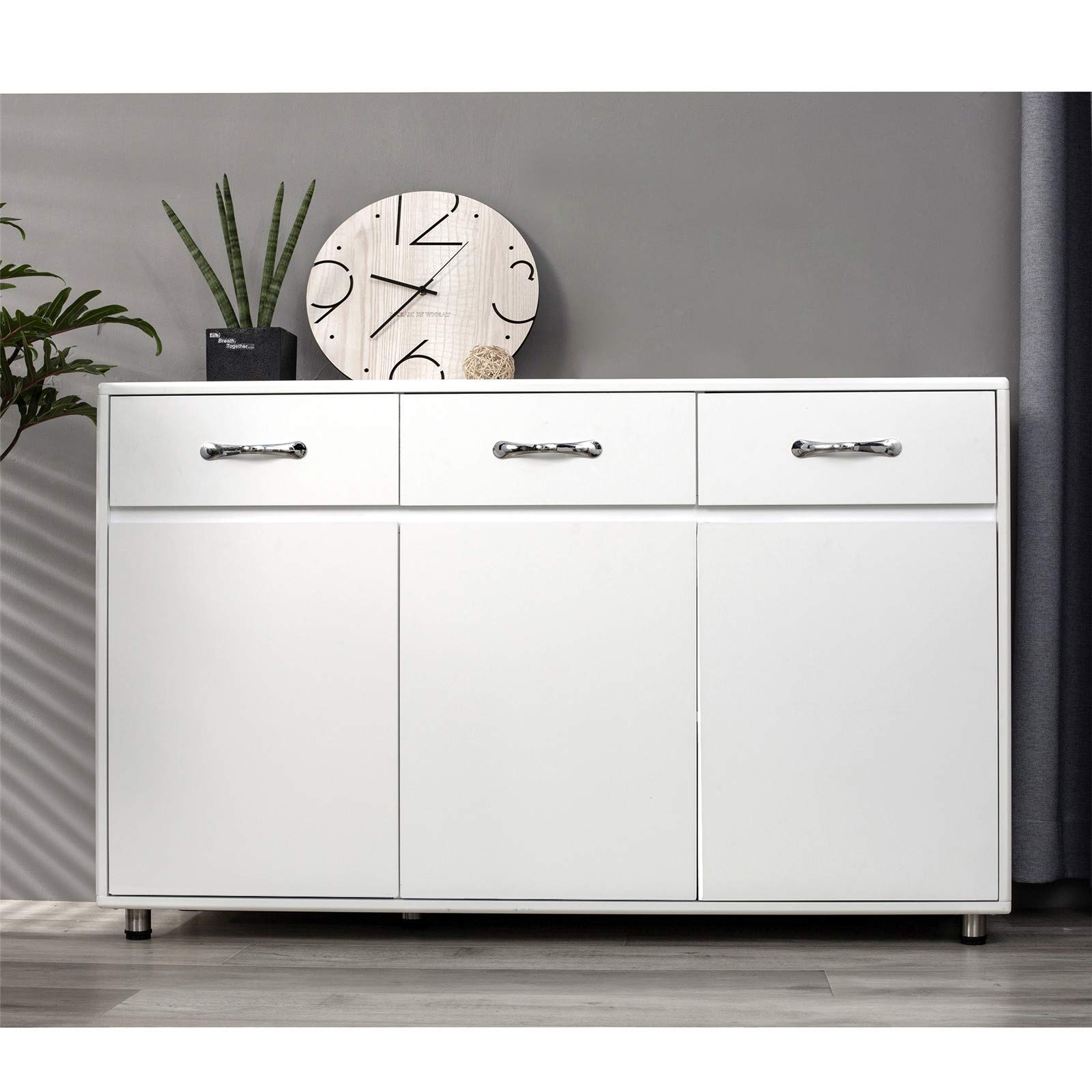 Modern White Wood Buffet Sideboard with 3 Drawers & 3 Doors - Kitchen Storage Cabinet, Entryway Console Table for Dining Room & Living Room - Perfect for Home Organization & Entertaining Guests