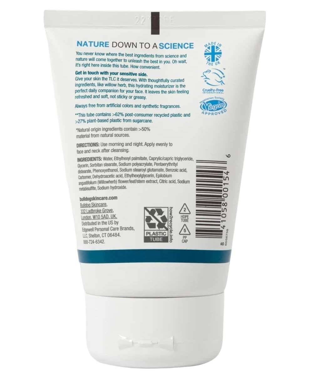 Bulldog Natural Skincare Moisturizer for Sensitive Skin - 3.3 oz (Pack of 2) - Hydrating Face Cream for Men, Daily Moisturizing Lotion for Dry & Irritated Skin - Perfect for Morning & Night Skincare Routine