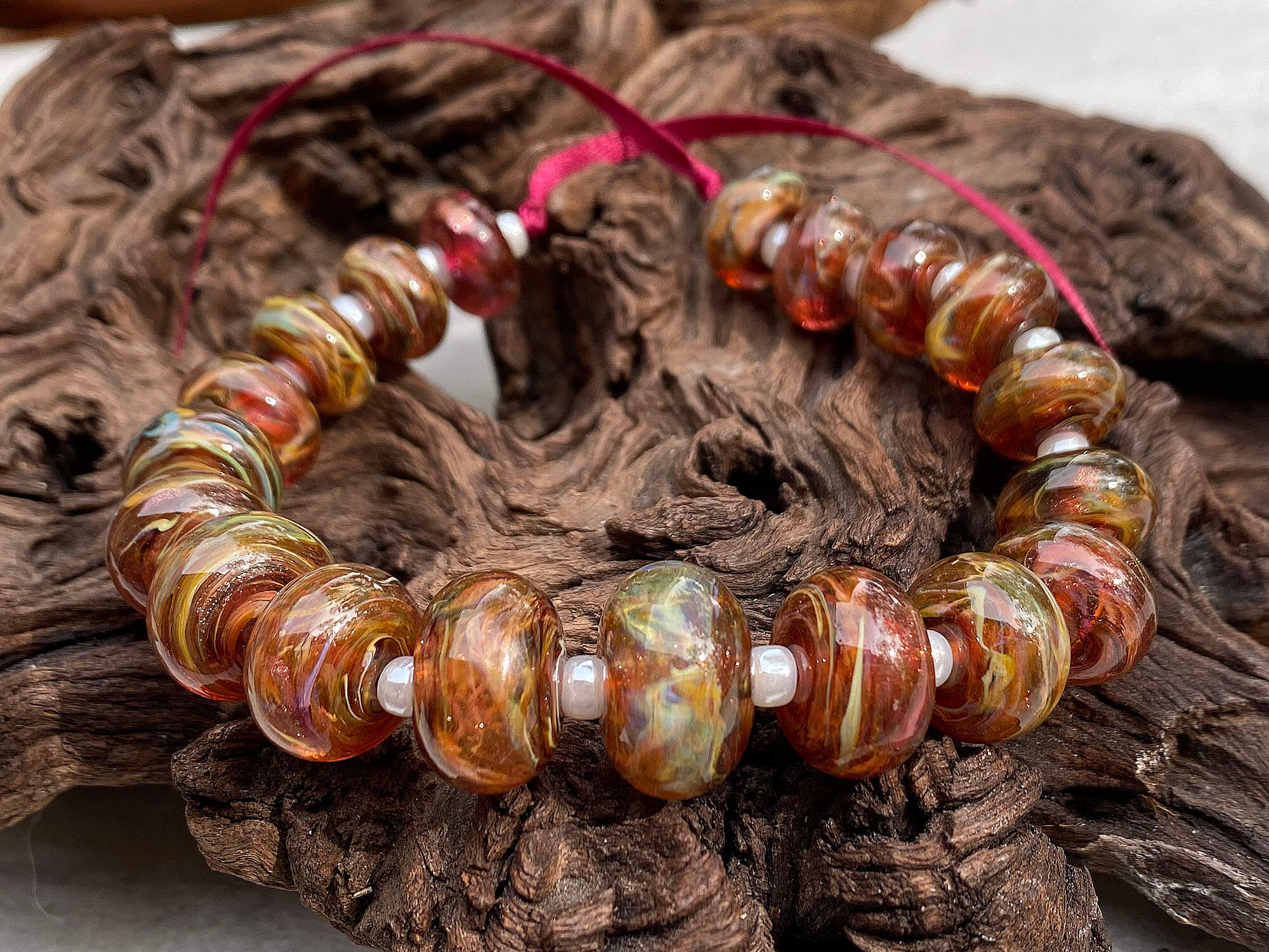 19 Ruby Brown Swirls Graduated Lampwork Glass Beads for Jewelry Making - DIY Bracelet, Necklace & Craft Projects - SRA Certified Artisan Beads