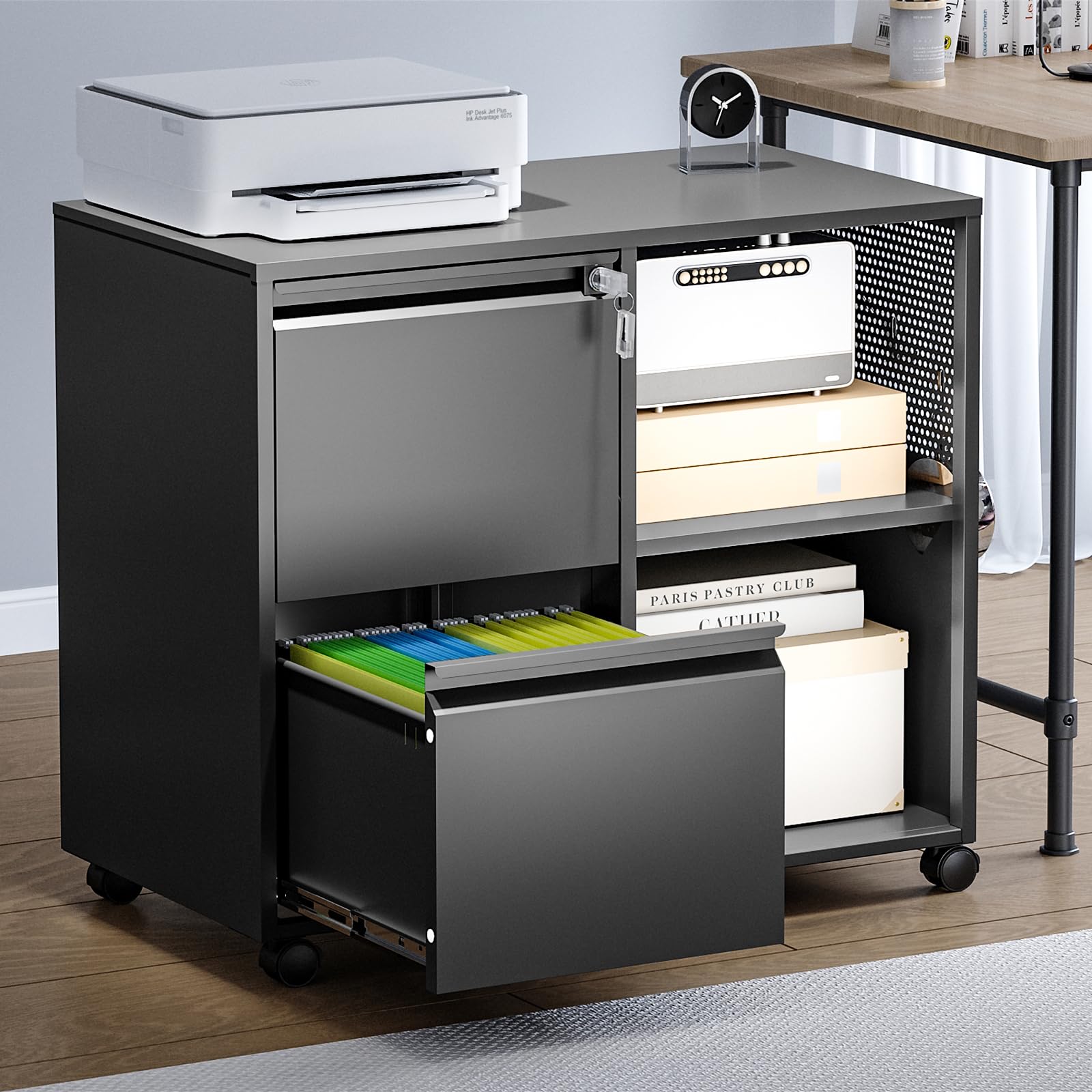 2-Drawer Mobile File Cabinet with Lock - Adjustable Shelves for Letter, A4 & Legal Size Documents - Black Lateral Filing Cabinet for Home Office Organization - Perfect for Small Spaces & Shared Workspaces