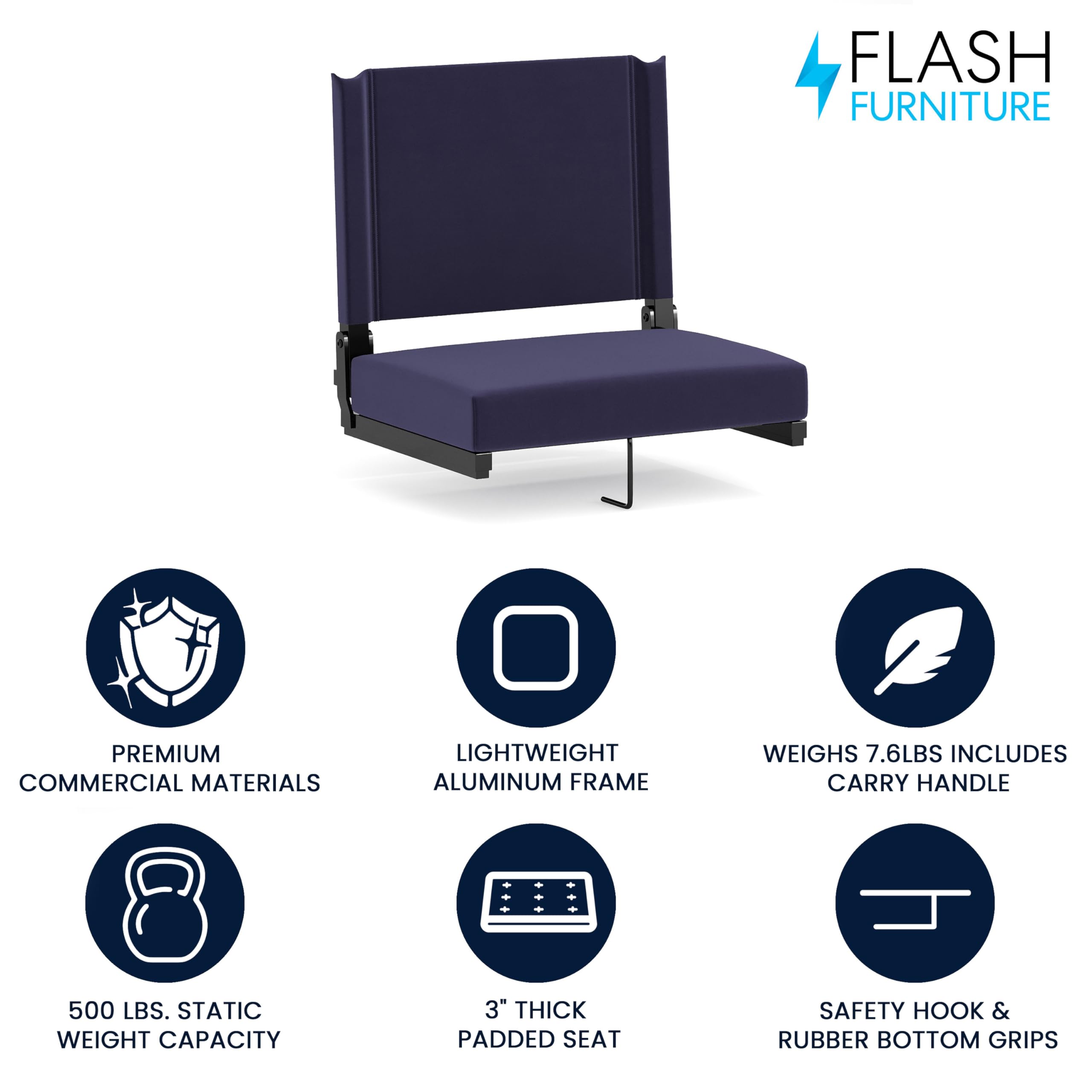 Flash Furniture Grandstand Portable Folding Stadium Seat with Padded Cushion & Carrying Handle - 500 lb Weight Capacity, Navy Blue - Perfect for Bleachers, Benches, Sporting Events, Concerts & Outdoor Activities