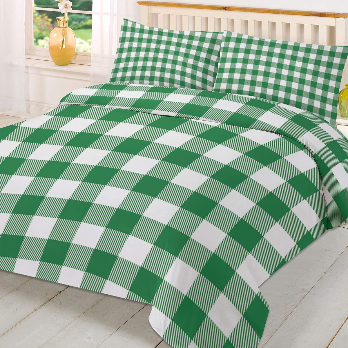 King Size 3-Piece Duvet Cover Set - Green Plaid Buffalo Check Pattern Comforter Cover with Zipper Closure & 2 Pillow Shams | Soft Bedding Set for Cozy Home Decor | Perfect for Master Bedroom, Guest Room, and Dormitory