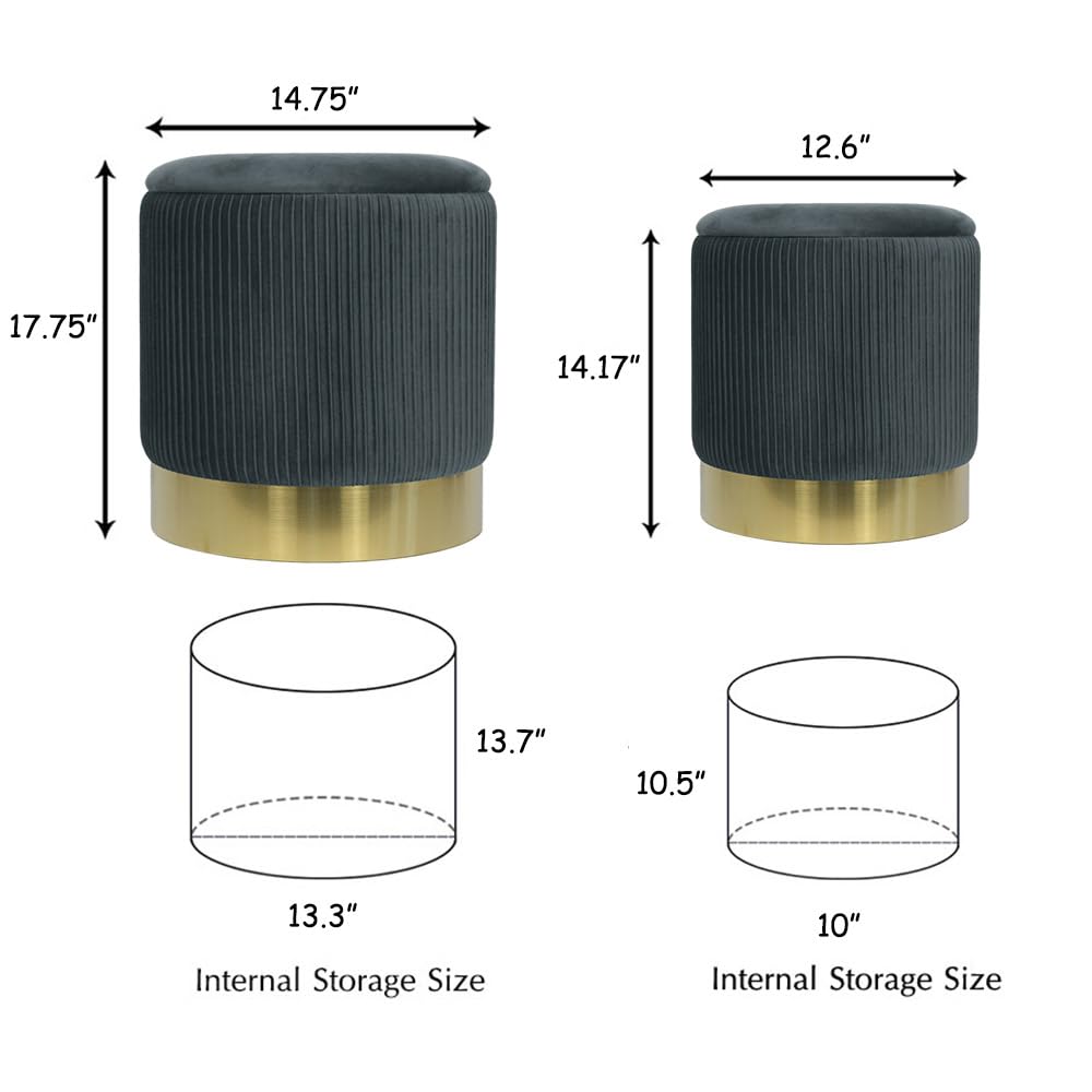 Round Velvet Storage Ottoman Set of 2 - Modern Circle Footrest with Hidden Storage for Living Room, Bedroom & Dorm - Multi-Functional Accent Chair for Extra Seating and Home Organization