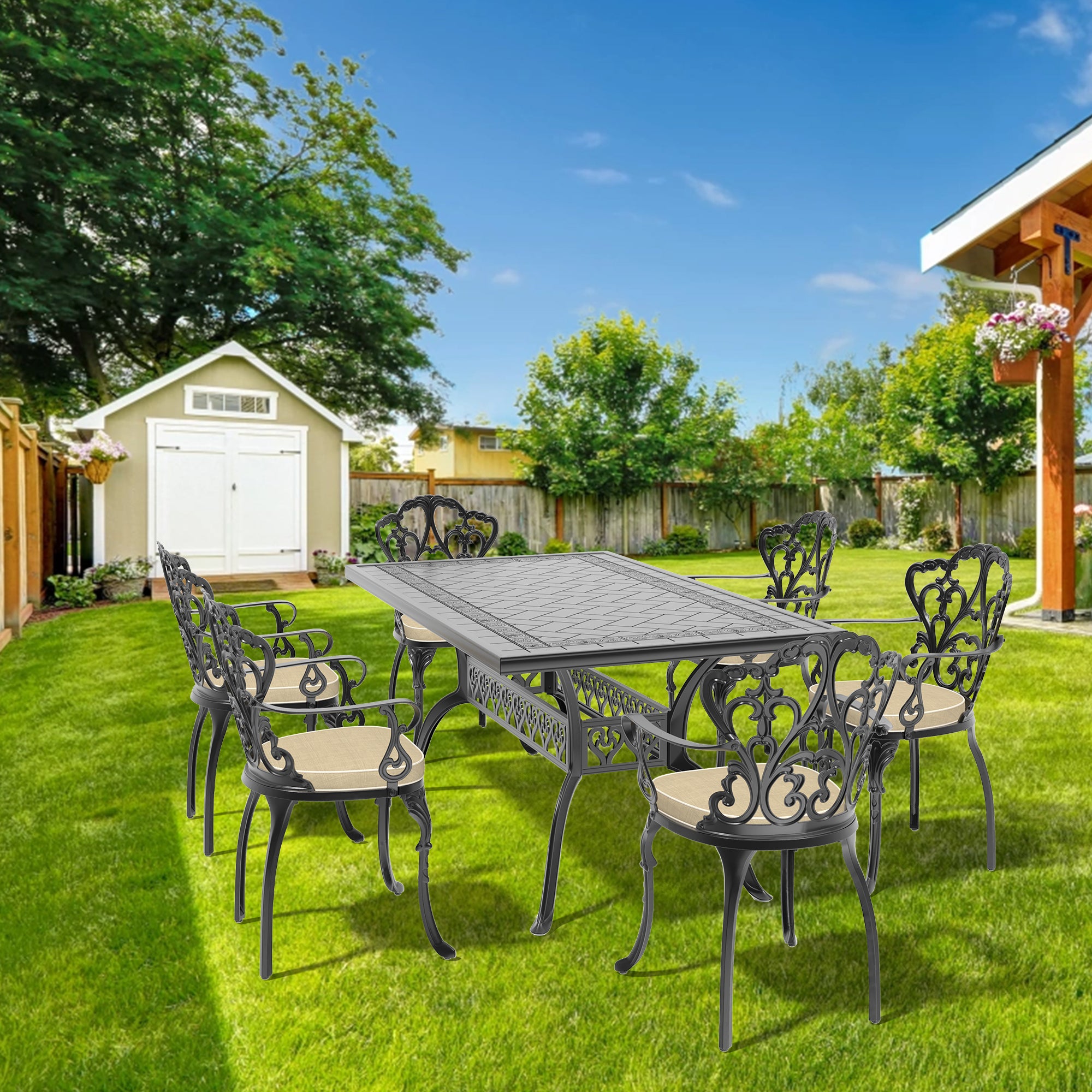 7-Piece Cast Aluminum Patio Furniture Set with Cushions - Outdoor Dining & Lounge Set for Garden, Poolside, Backyard - W1710S00084