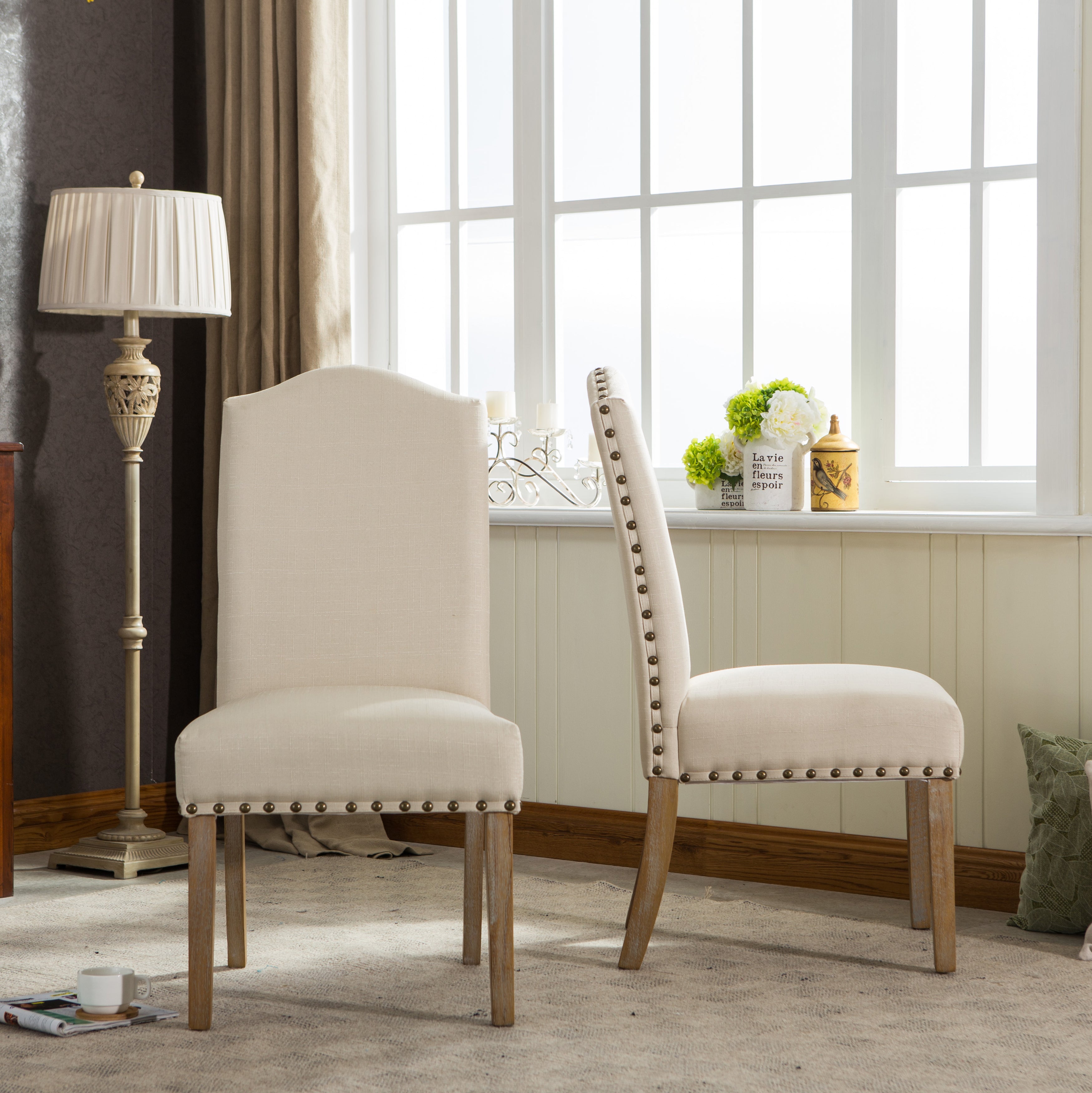 Roundhill Furniture Mod Urban Style Solid Wood Nailhead Fabric Padded Parson Dining Chairs, Set of 2 - Perfect for Kitchen, Dining Room & Home Office Seating