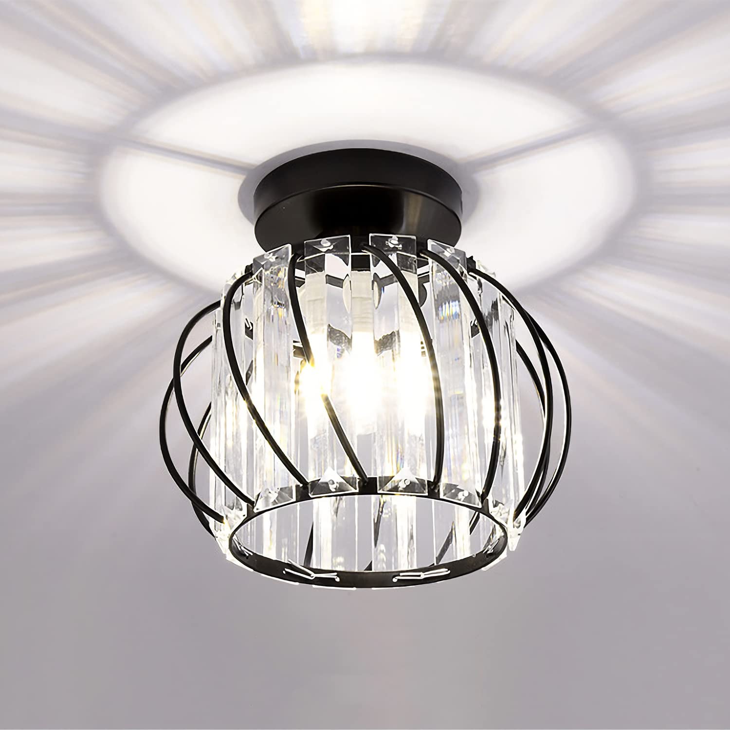 Black Flush Mount Crystal Chandelier - Small Bathroom & Hallway Ceiling Light Fixture - Mid Century Modern Design for Entryway, Bedroom, Porch - Perfect for Home Decor & Romantic Ambiance
