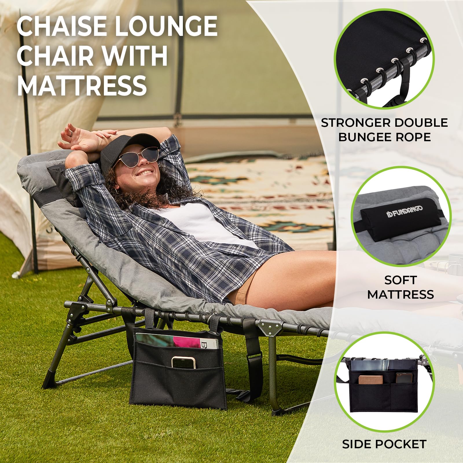 FUNDANGO Folding Chaise Lounge Chair with Soft Cushion & Side Table - 5-Position Adjustable Outdoor Recliner for Patio, Beach, Camping - Portable Sunbathing Chair with Pillow - Perfect for Backyard Relaxation, Poolside Lounging and Picnic Comfort