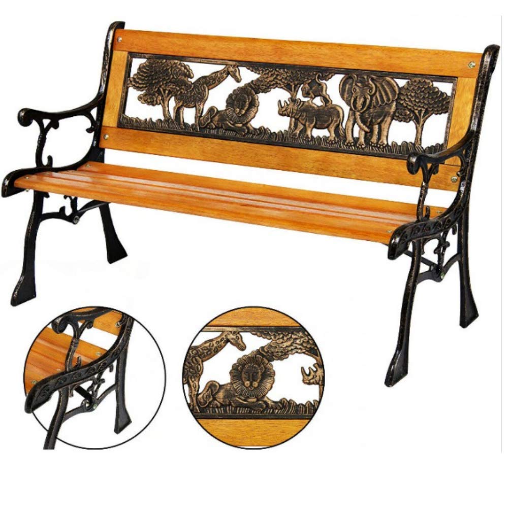 Cast Iron Bench for Kids & Toddlers - Outdoor Mini Patio Bench with Animal Accents, Wooden Yard Seat for Garden, Porch & Backyard - Junior Loveseat with Back & Arms - Perfect for Outdoor Conversations, Reading eBooks & Relaxing in the Garden