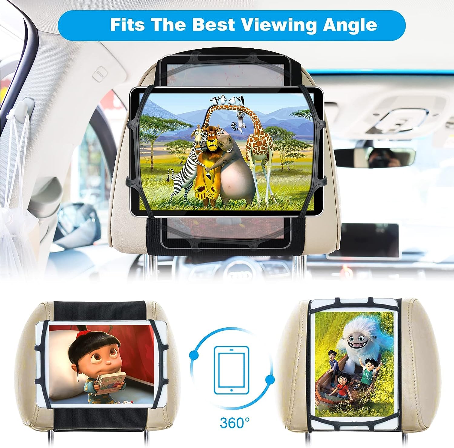 BIGASUO 2 Pack Car Headrest Tablet Mount Holder - Adjustable Angle Anti-Slip Strap for 7-12.9 Inch iPads & Tablets - Perfect for Kids Entertainment on Road Trips & Long Drives