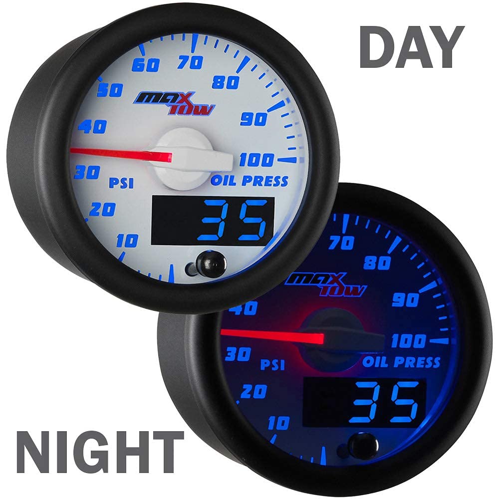 MaxTow Double Vision 100 PSI Oil Pressure Gauge Kit with Electronic Sensor - White Face & Blue LED Backlit Dial - Analog & Digital Readout - 2-1/16