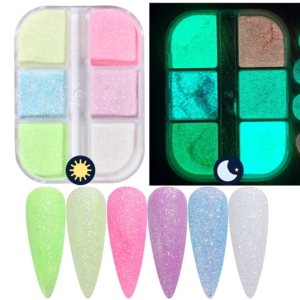 Holographic Luminous Glitter Nail Powder Set - 6 Grid Fluorescent Pigments for Nail Art, Manicure & Decoration | Mermaid Sparkle Dust for Professional & DIY Nail Designs - Perfect for Parties, Salons & Special Occasions